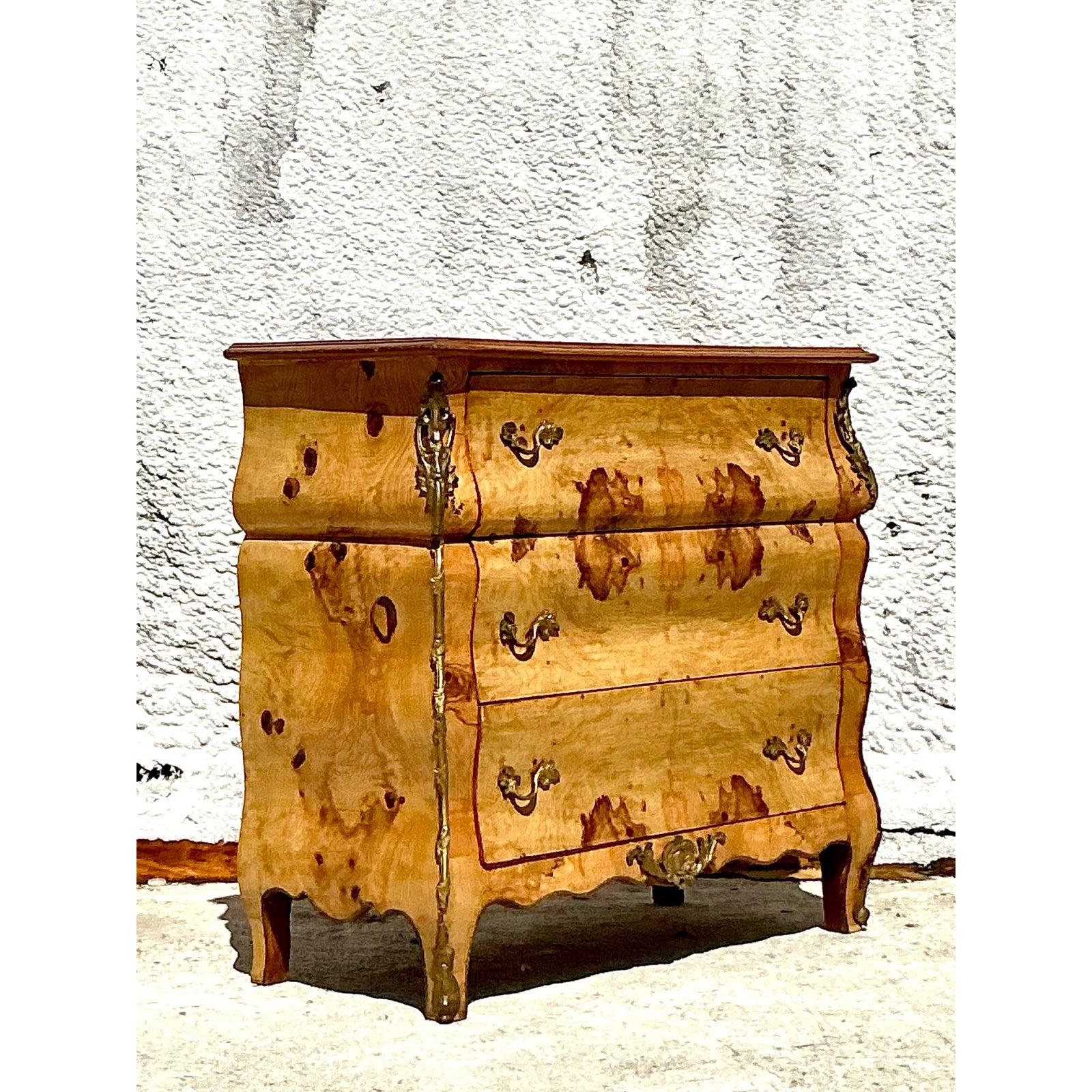 Vintage Boho Burl and Ormolu Chest of Drawers In Good Condition For Sale In West Palm Beach, FL