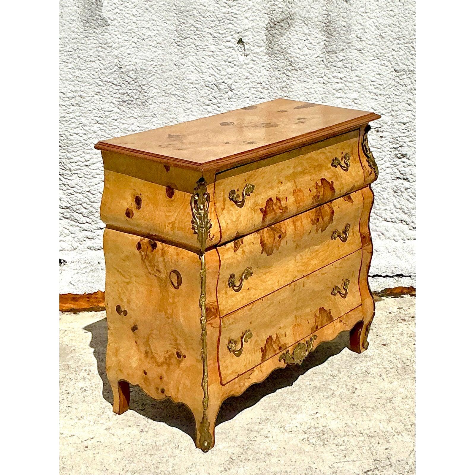 Brass Vintage Boho Burl and Ormolu Chest of Drawers For Sale