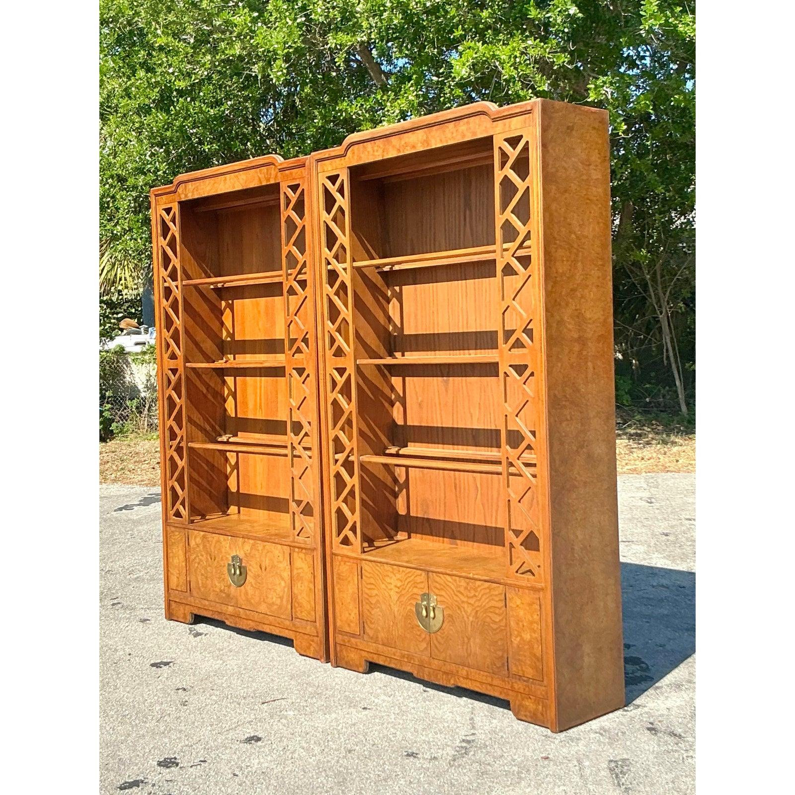 Vintage Boho Burl Fretwork Etagere - A Pair For Sale 3