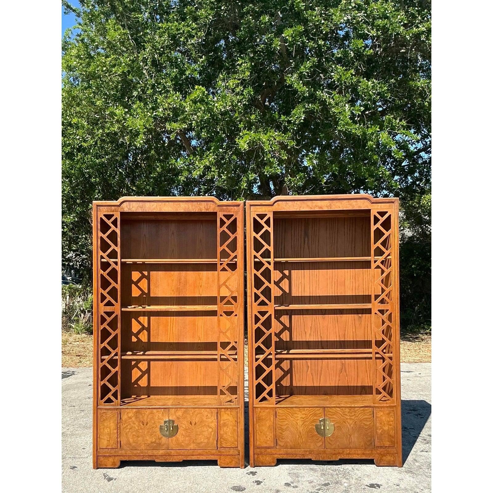 Vintage Boho Burl Fretwork Etagere - A Pair For Sale 6