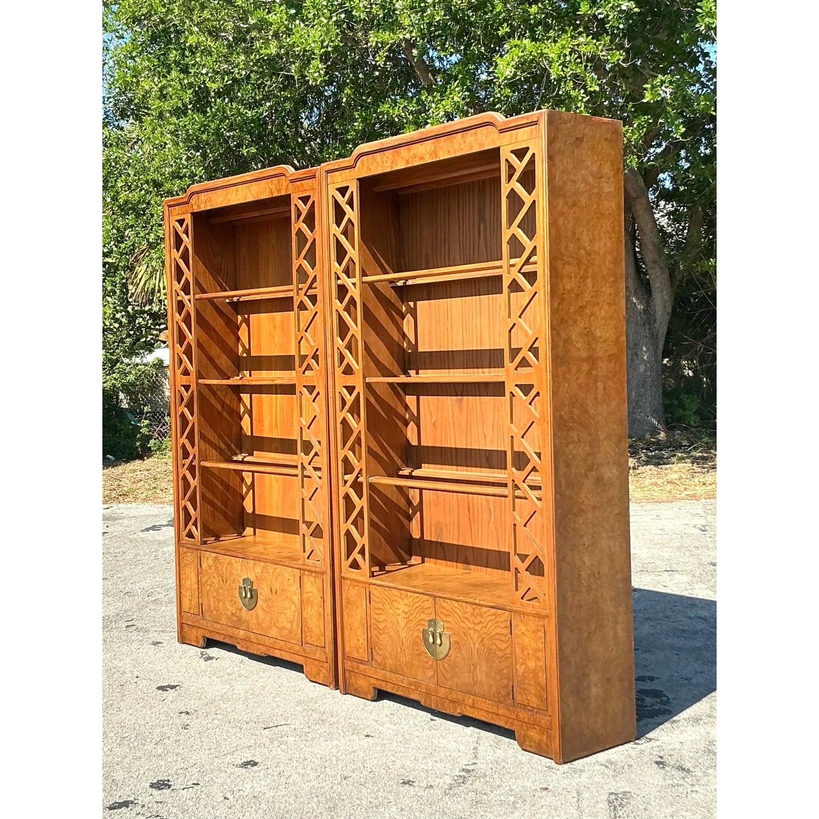 Chinoiserie Vintage Boho Burl Fretwork Etagere - A Pair For Sale