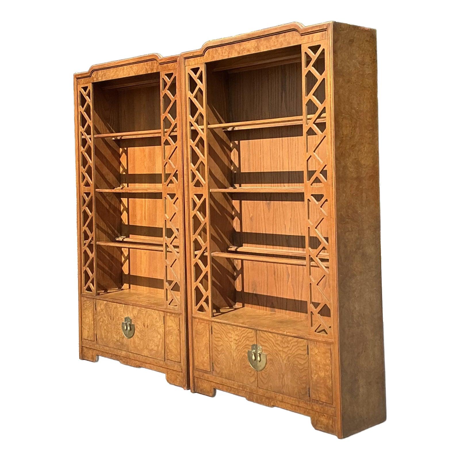 American Vintage Boho Burl Fretwork Etagere - A Pair For Sale
