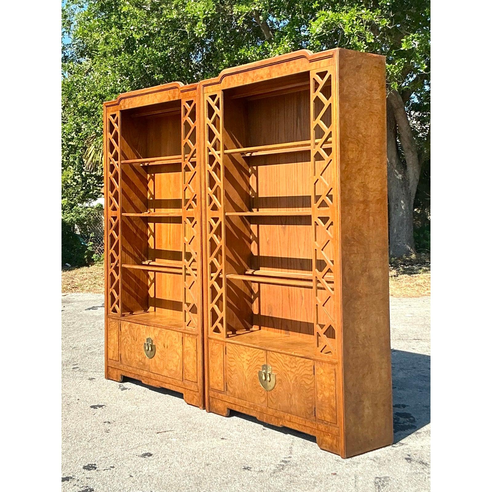 Brass Vintage Boho Burl Fretwork Etagere - A Pair For Sale