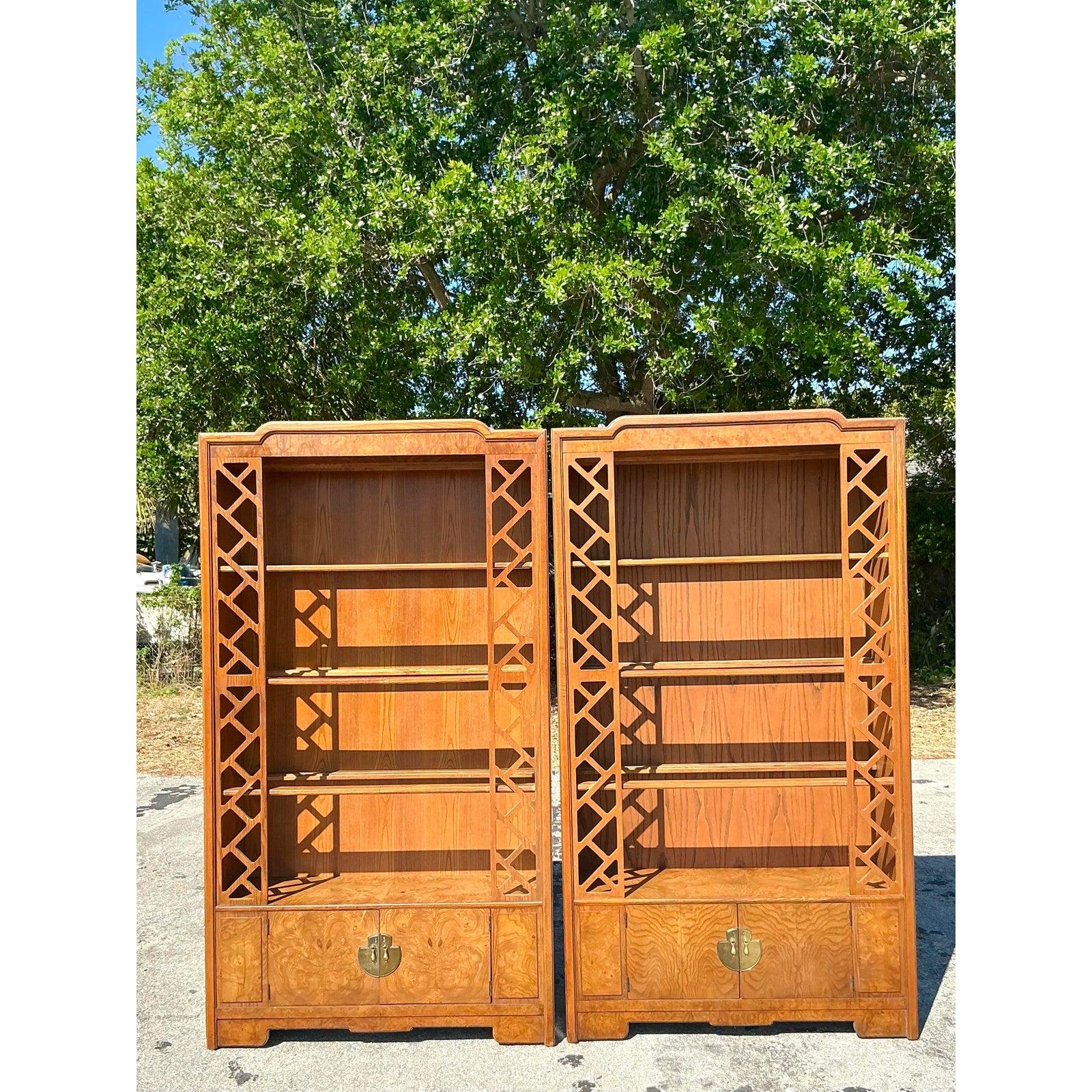 Vintage Boho Burl Fretwork Etagere - A Pair For Sale 1