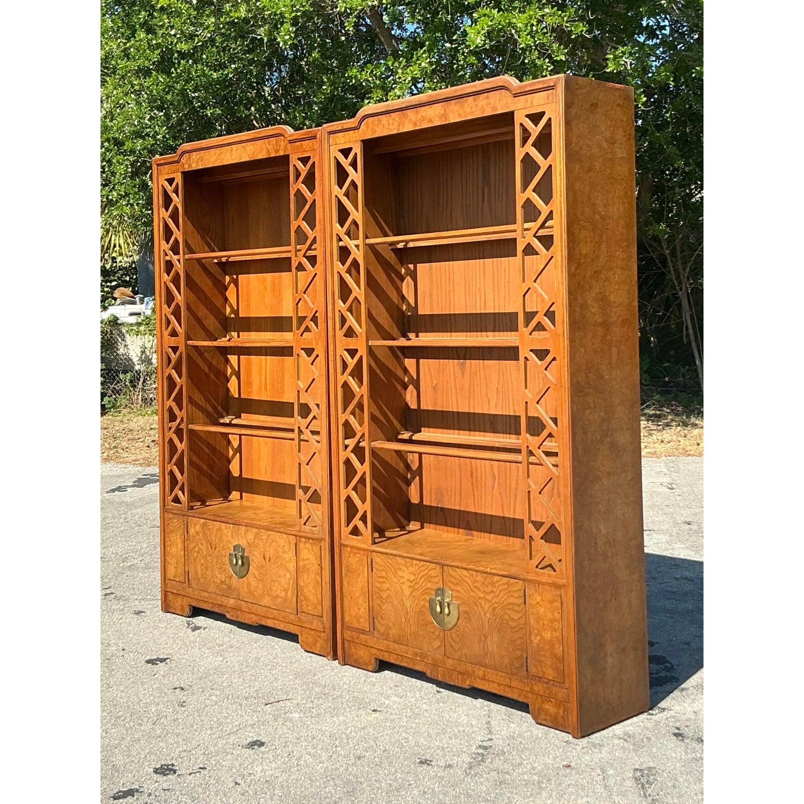 Vintage Boho Burl Fretwork Etagere - A Pair For Sale 2