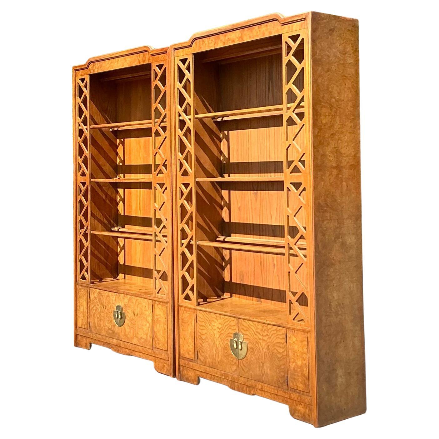 Vintage Boho Burl Fretwork Etagere - A Pair