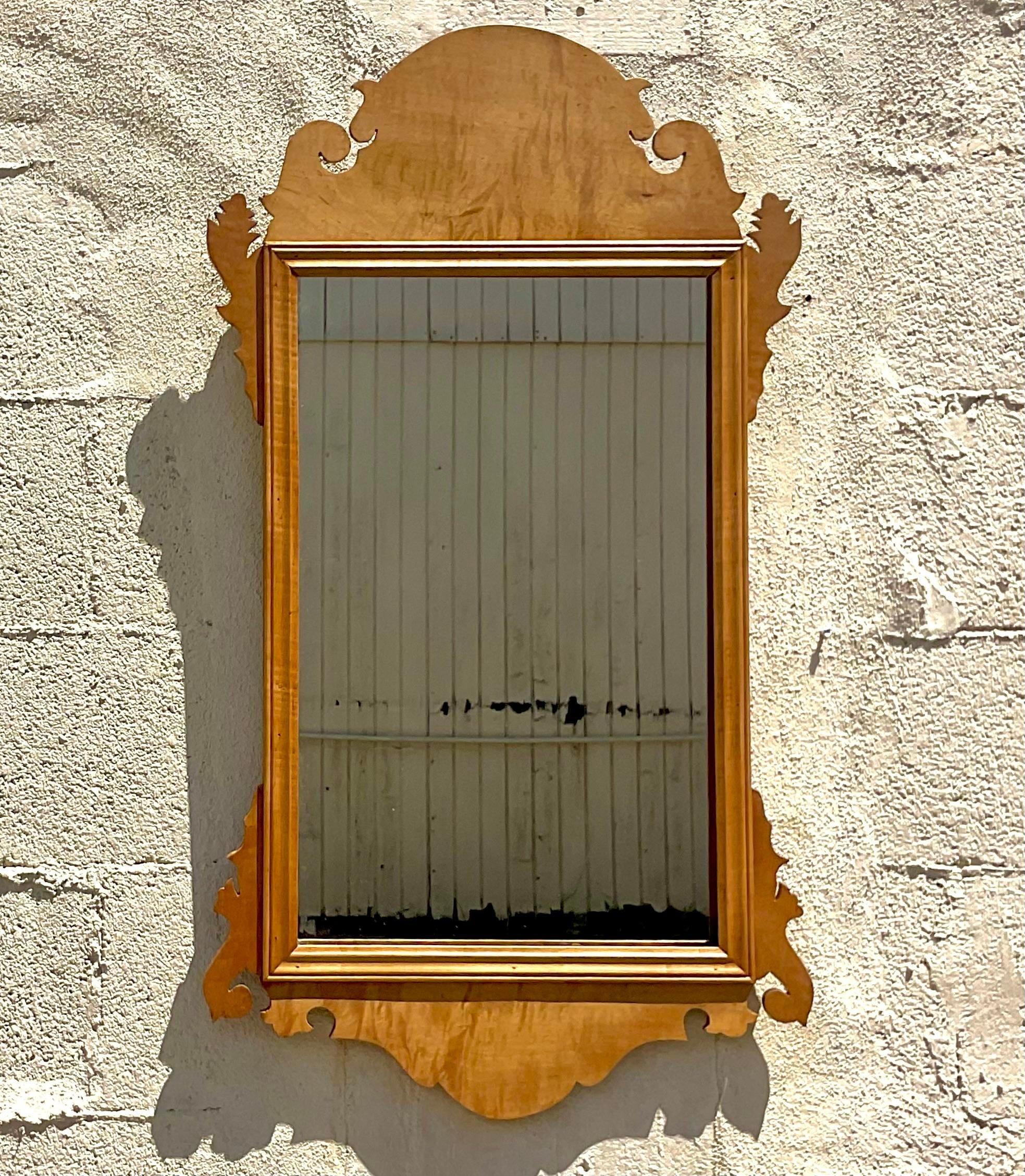 Vintage Boho Burl Maple Chippendale Mirror In Good Condition For Sale In west palm beach, FL