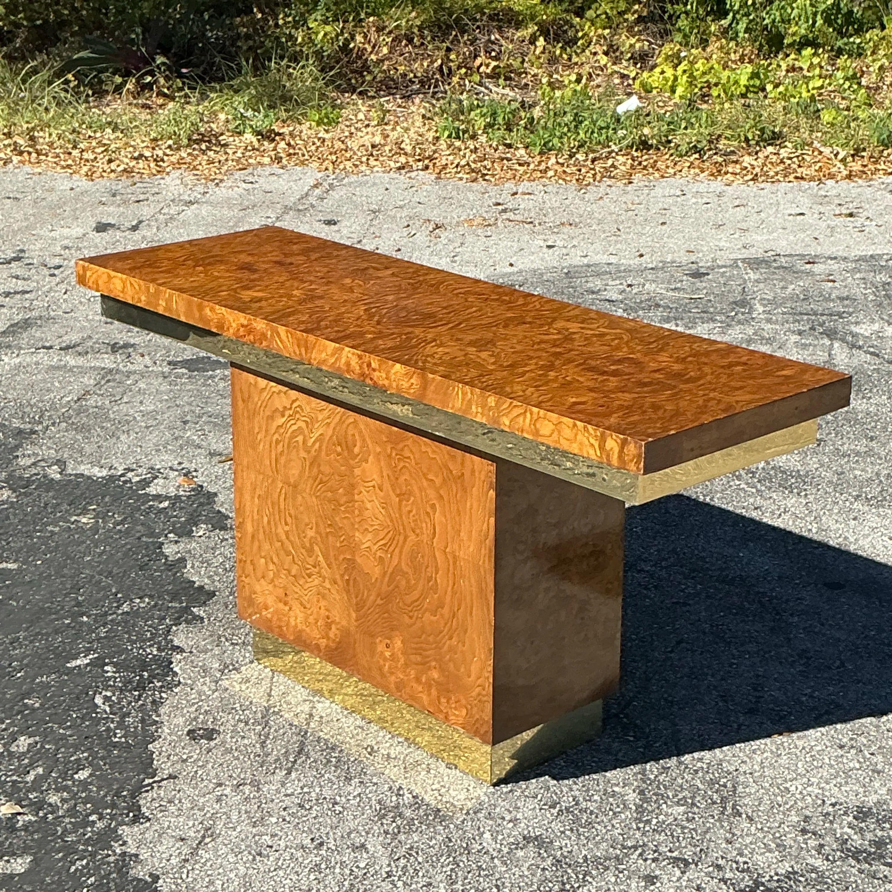 Mid-Century Modern Table console vintage Boho en bois de ronce et laiton en vente