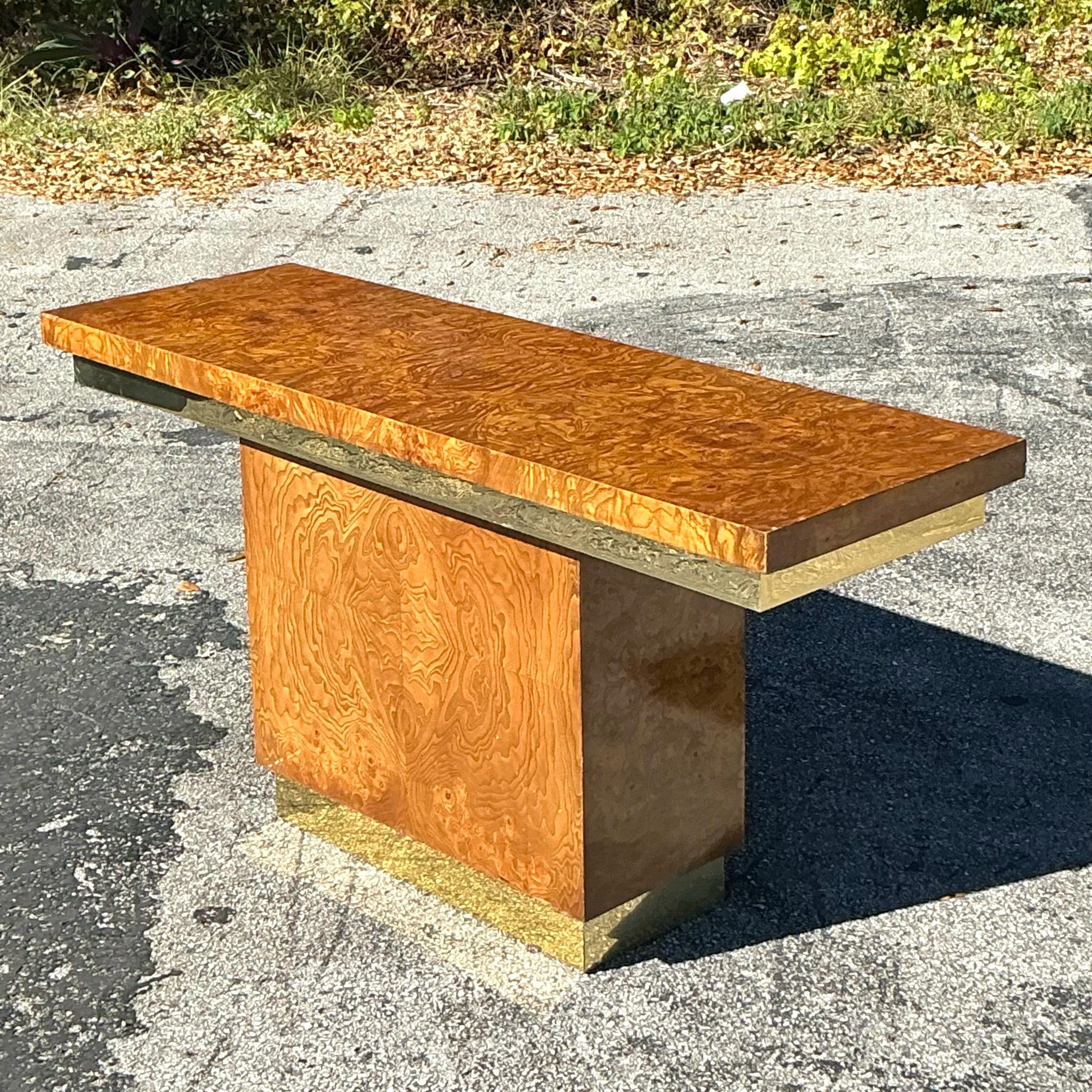 Table console vintage Boho en bois de ronce et laiton Bon état - En vente à west palm beach, FL