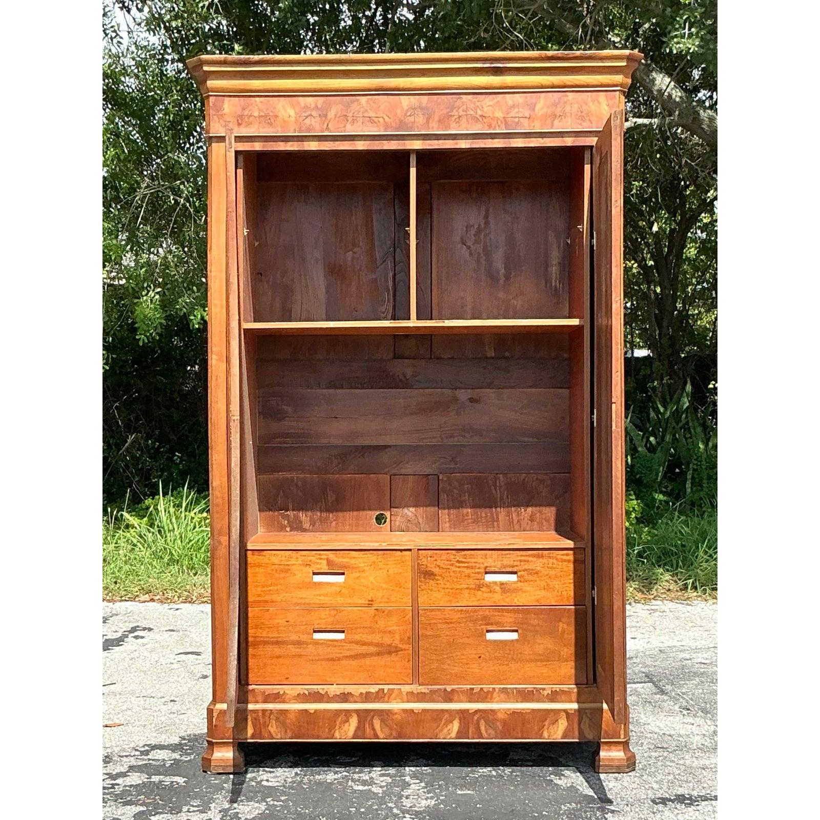 French Vintage Boho Burl Wood Armoire For Sale