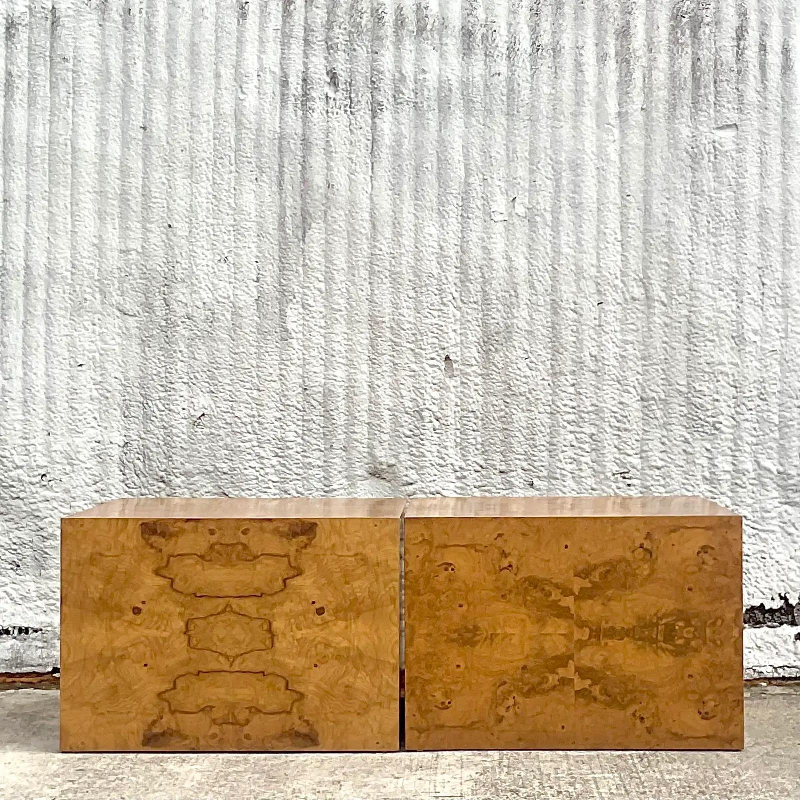 Vintage Boho Burl Wood Block Side Tables After Milo Baughman, Pair For Sale 6