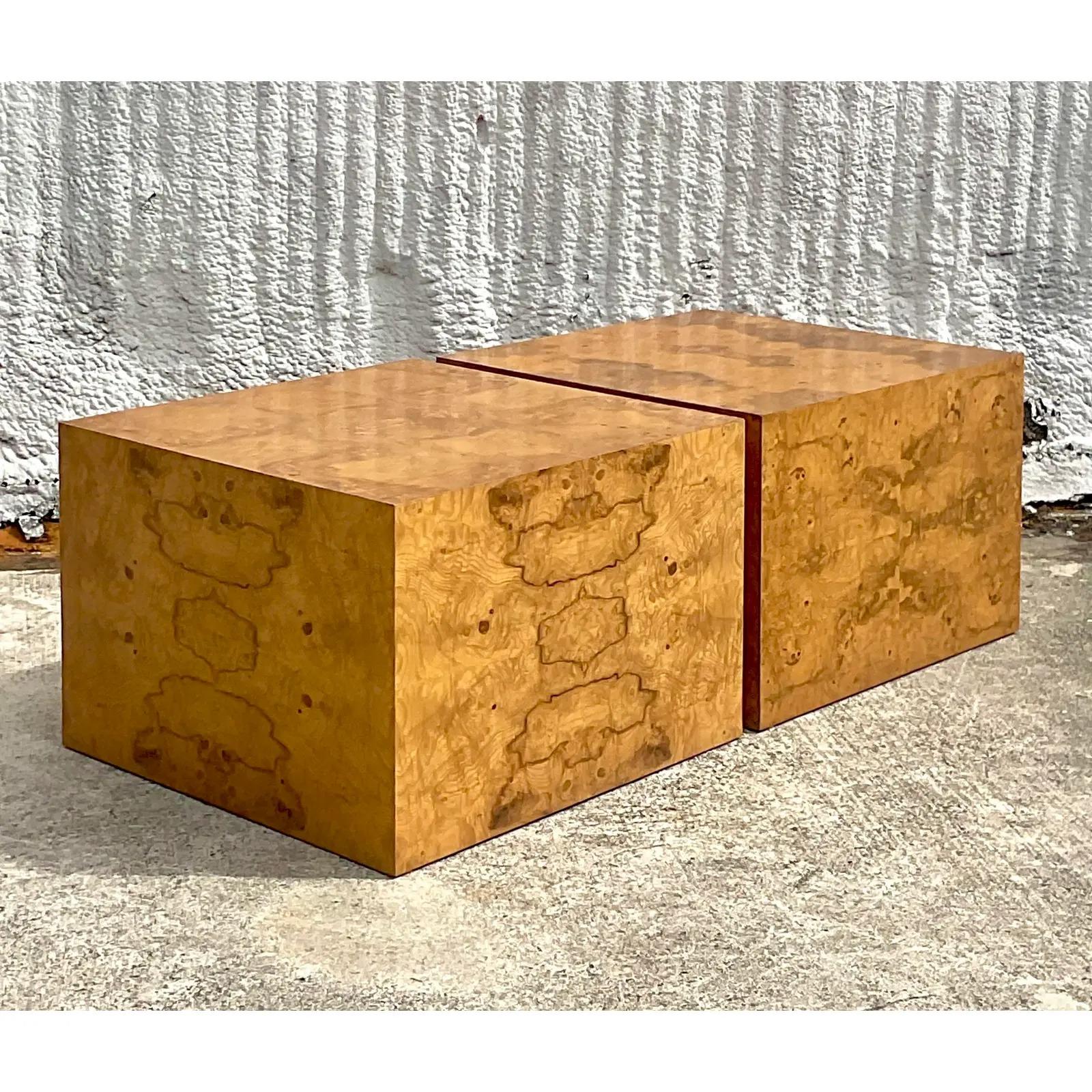 A spectacular pair of vintage boho side tables. Monumental in size and drama. Beautiful wood grain detail. Done in the manner of the iconic Milo Baughman. Perfect as side tables or even a chic coffee table. Acquired from a Palm Beach estate.
