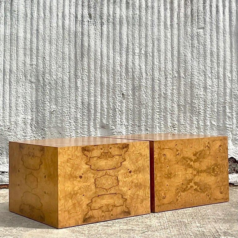 Vintage Boho Burl Wood Block Side Tables After Milo Baughman, Pair For