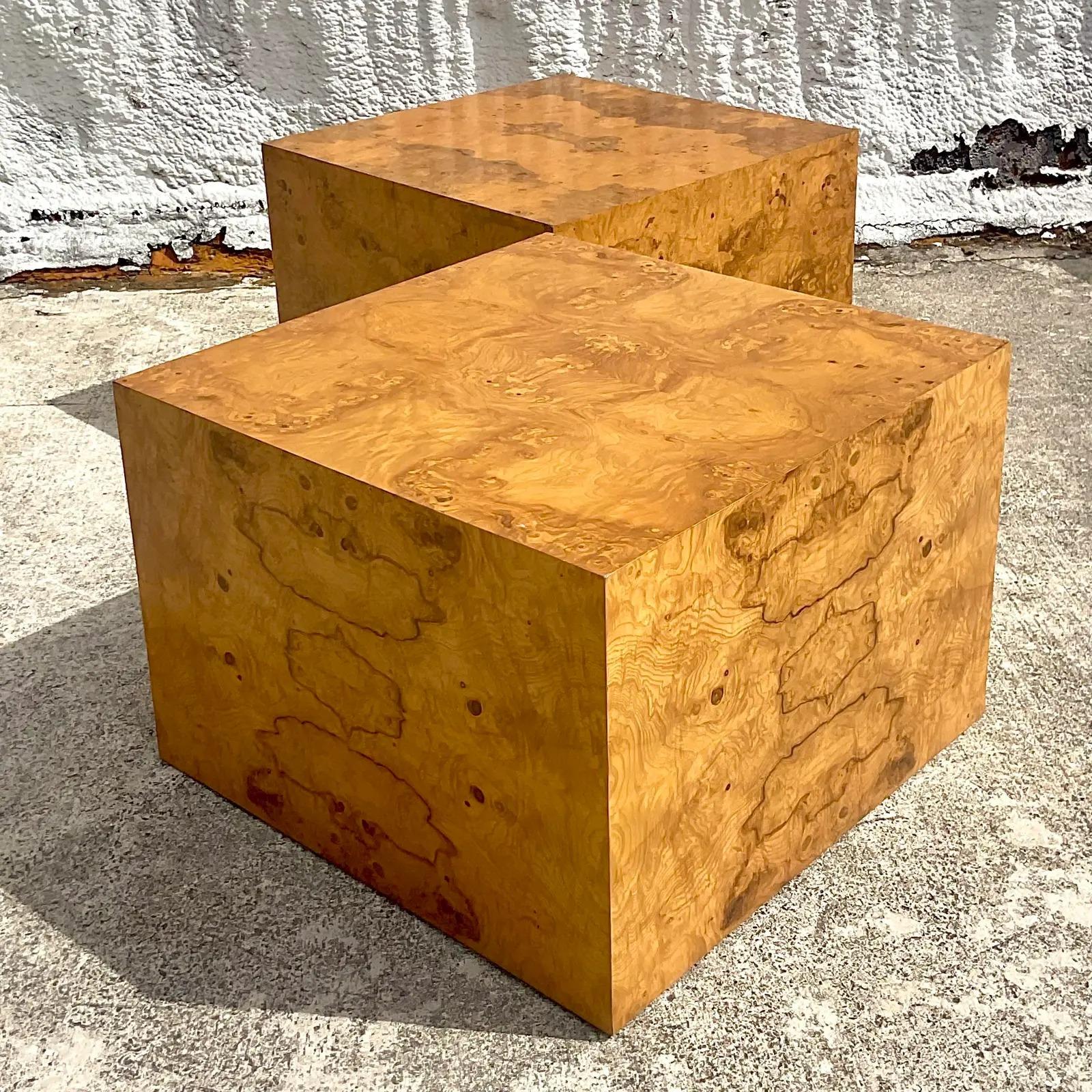 Vintage Boho Burl Wood Block Side Tables After Milo Baughman, Pair In Good Condition In west palm beach, FL