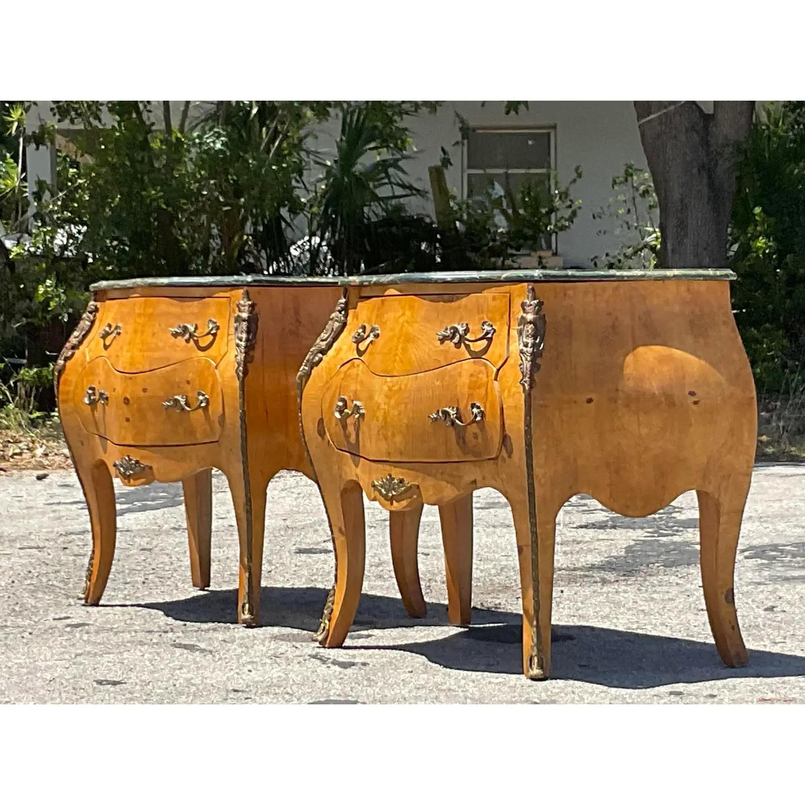Vintage Boho Burl Wood Bombe Chests - a Pair In Good Condition In west palm beach, FL