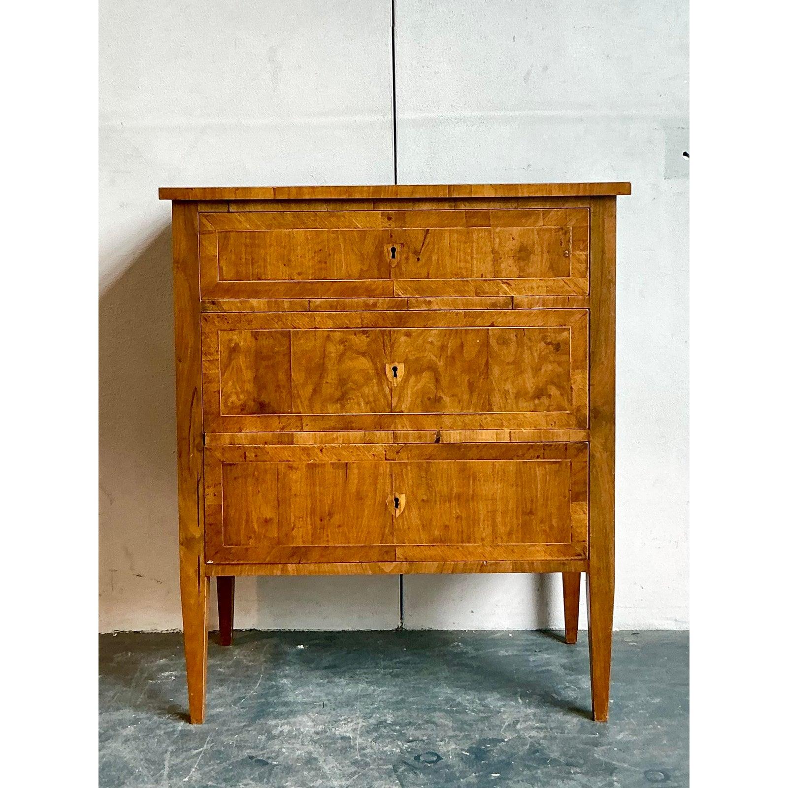 Italian Vintage Boho Burl Wood Chest of Drawers For Sale