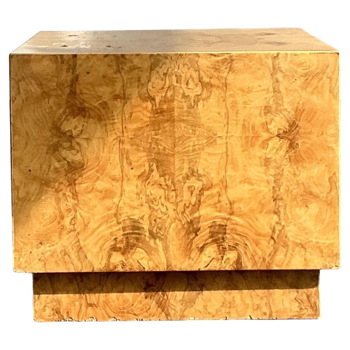 Vintage Boho Burl Wood Cube Side Table For Sale