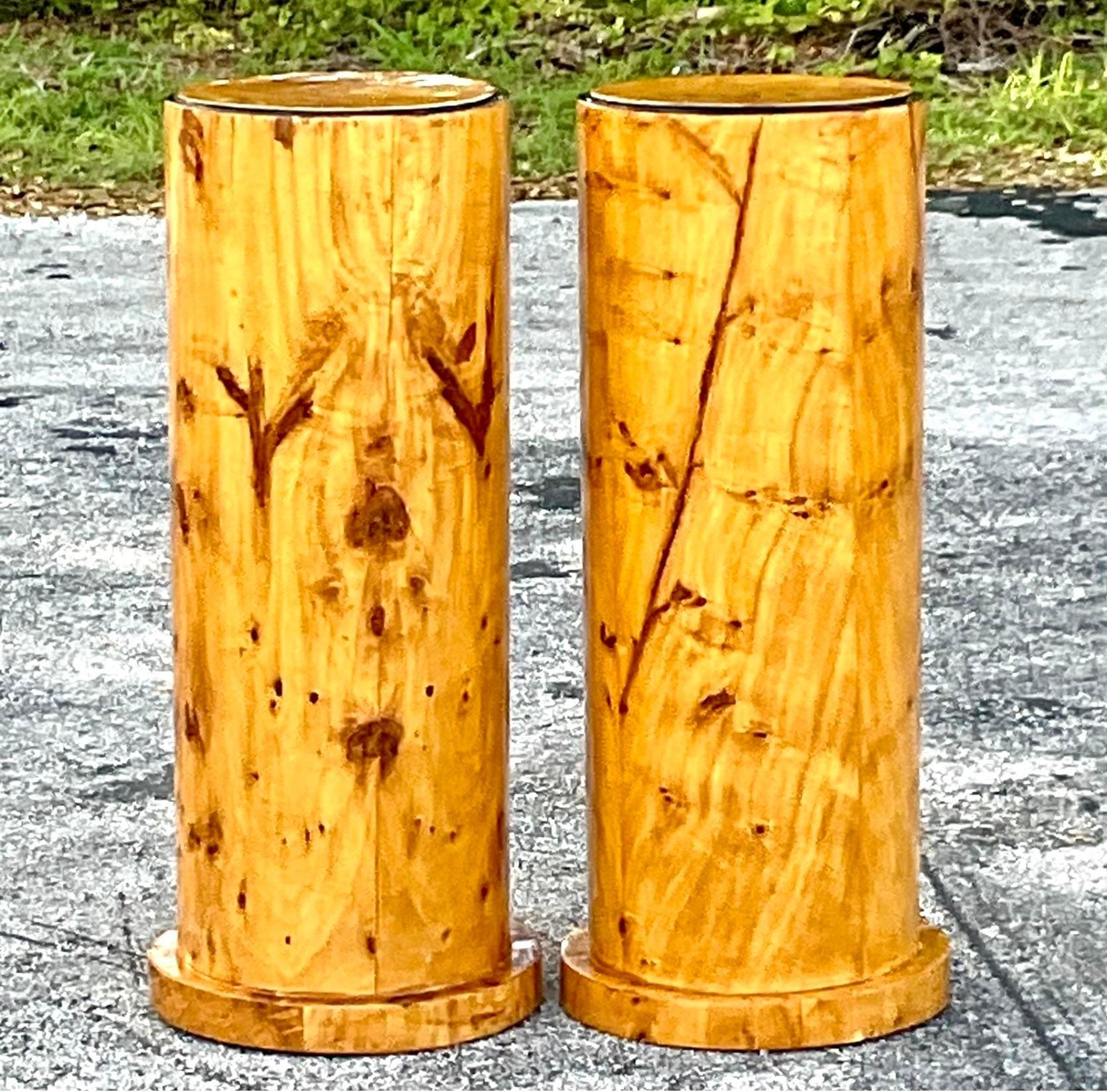 Organic Modern Vintage Boho Burl Wood Cylinder Pedestals - a Pair