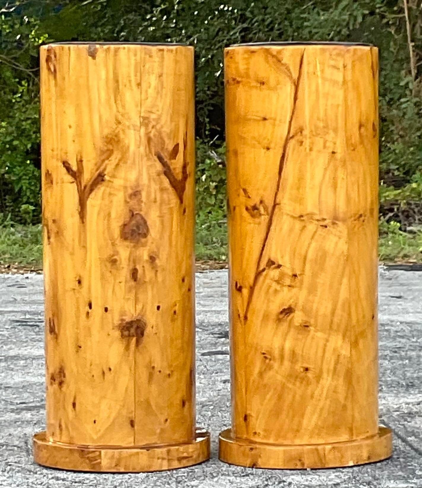 American Vintage Boho Burl Wood Cylinder Pedestals - a Pair