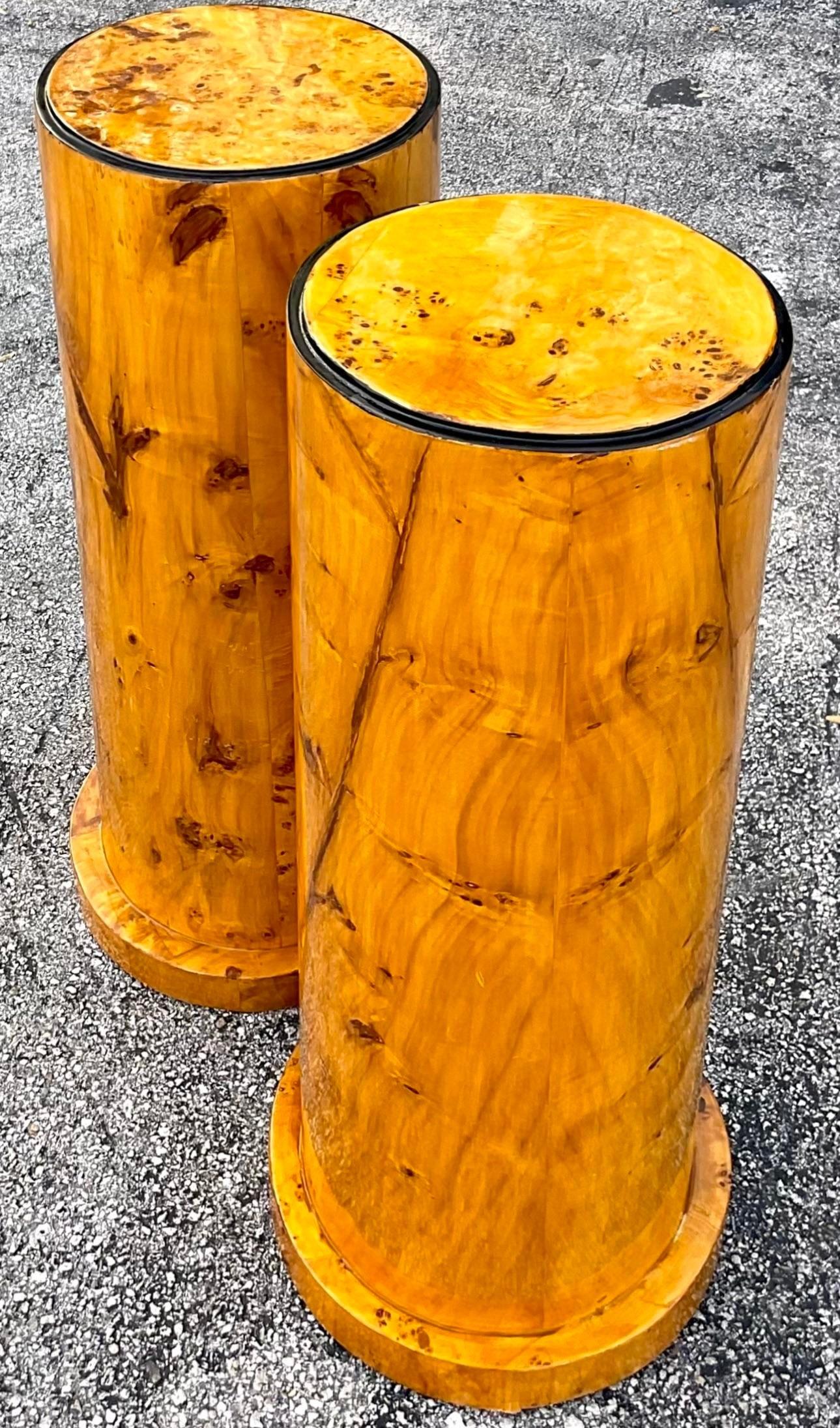Vintage Boho Burl Wood Cylinder Pedestals - a Pair In Good Condition In west palm beach, FL