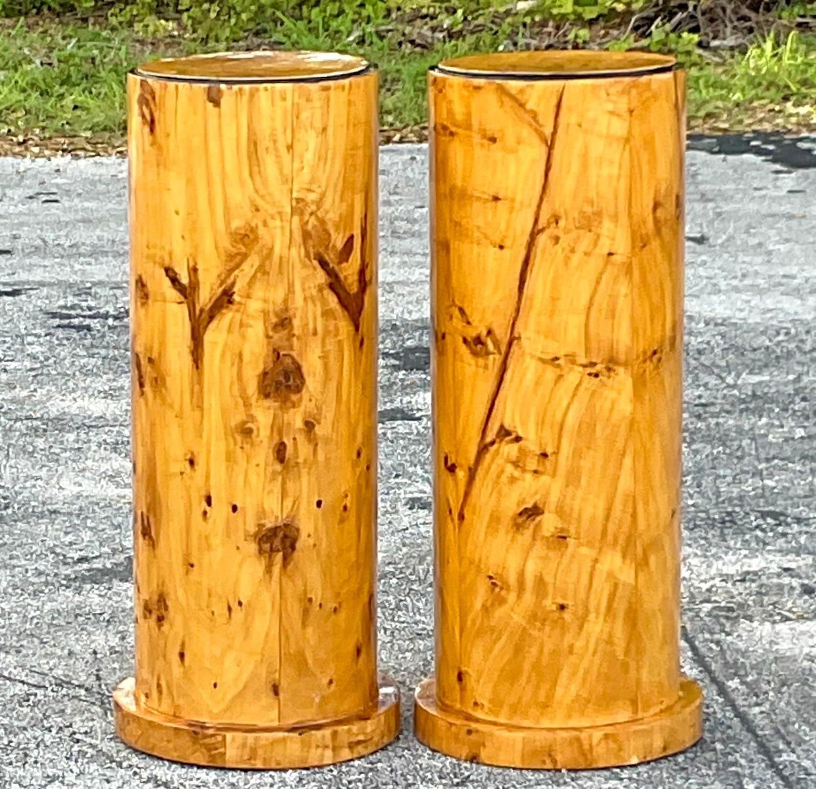 20th Century Vintage Boho Burl Wood Cylinder Pedestals - a Pair