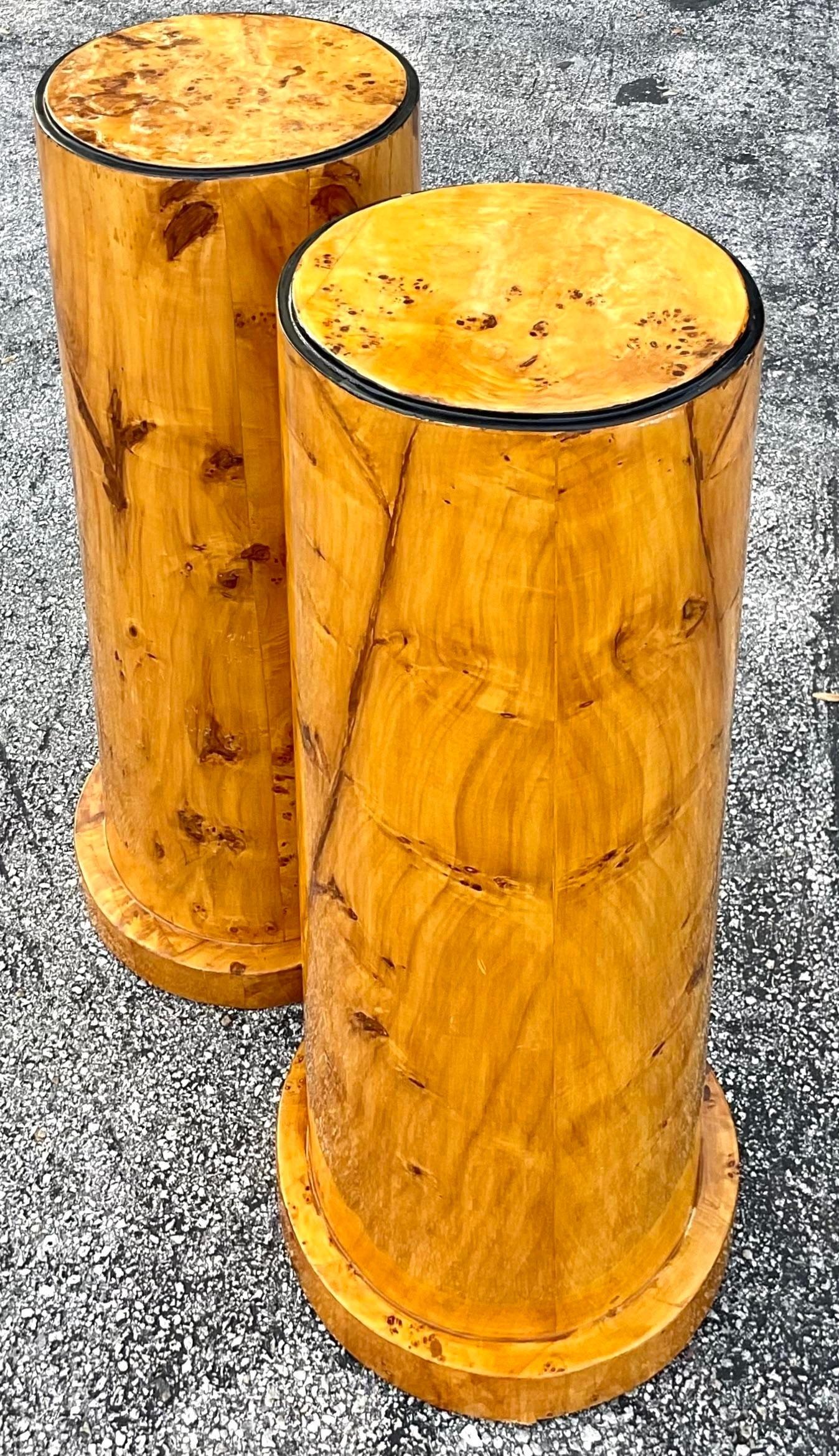 Vintage Boho Burl Wood Cylinder Pedestals - a Pair 1