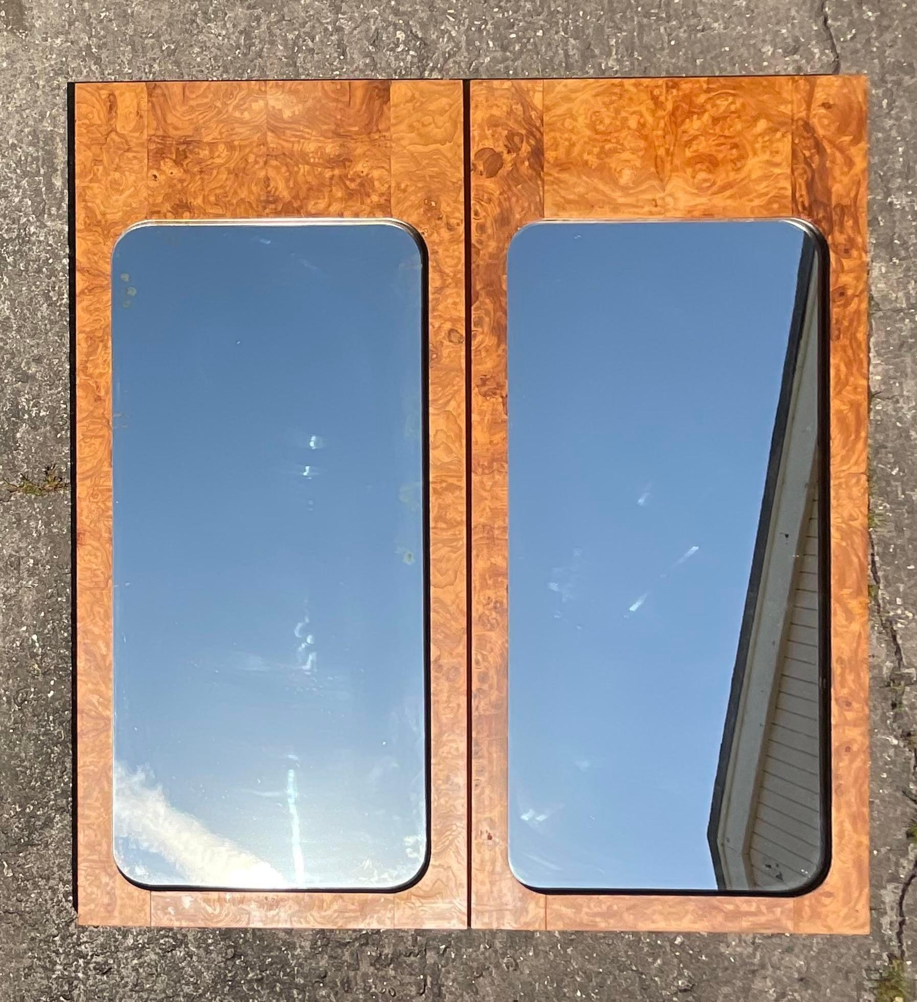 Vintage Boho Burl Wood Mirrors - a Pair In Good Condition For Sale In west palm beach, FL