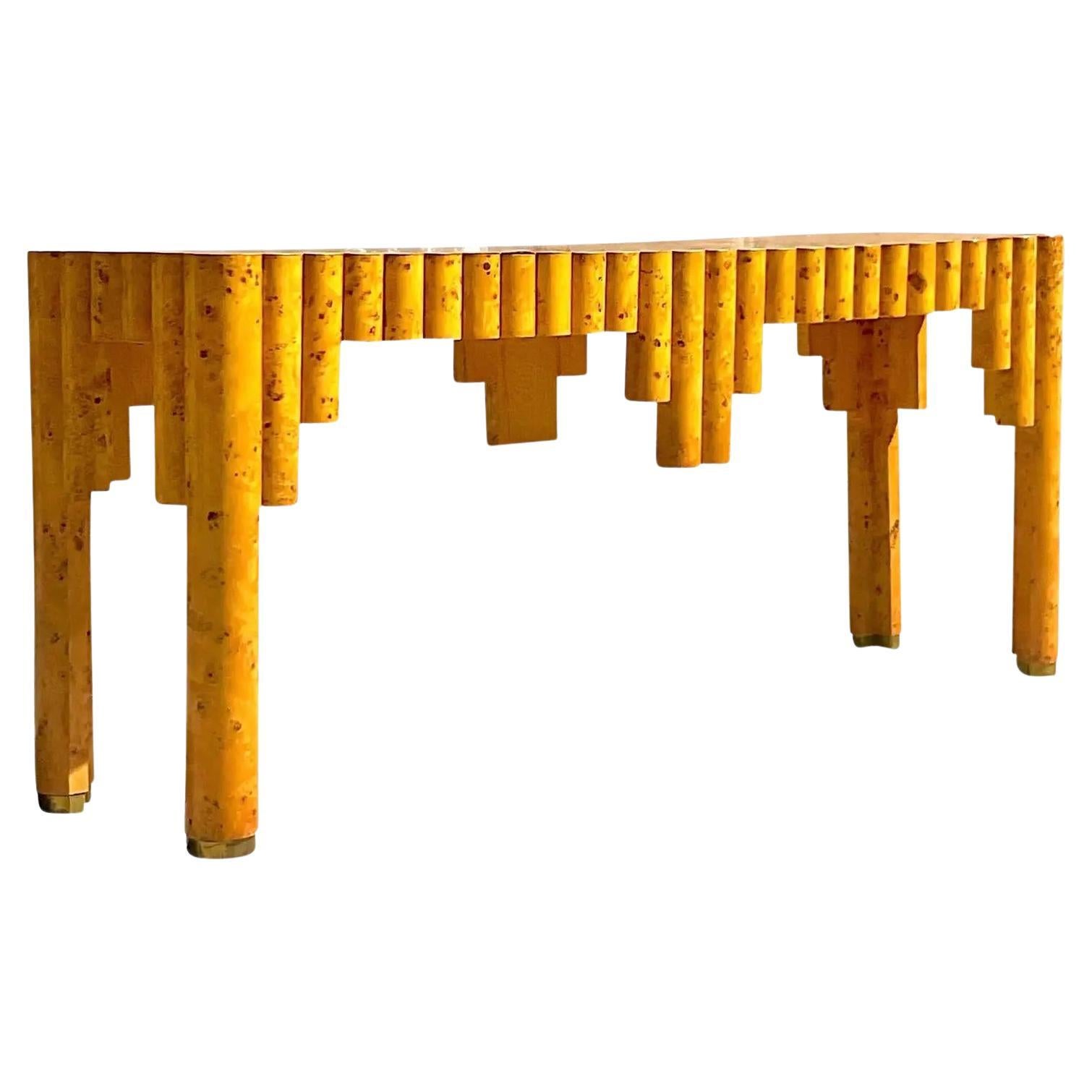 Vintage Boho Burl Wood Scalloped Trip Console Table