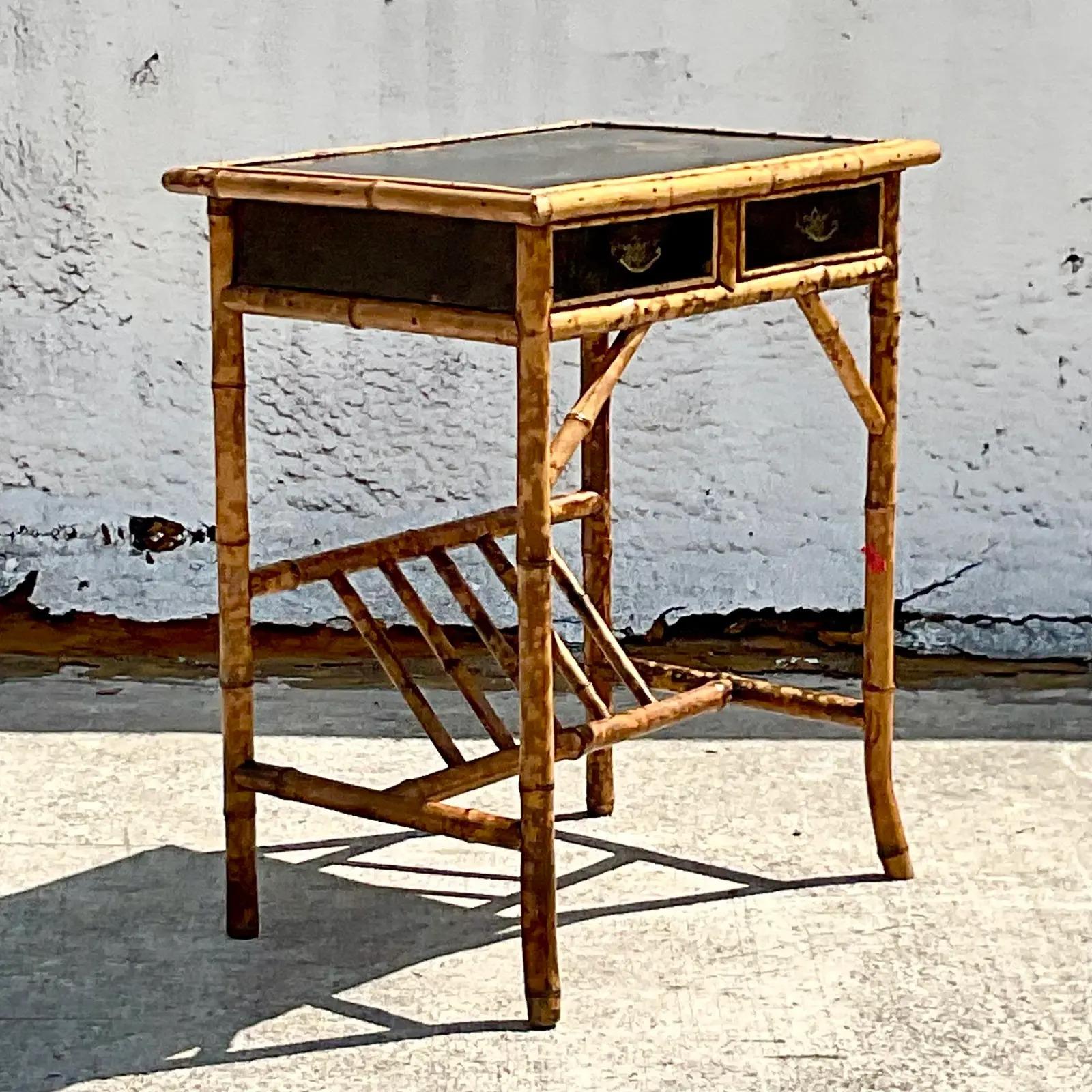 Vintage Boho Burnt Bamboo Chinoiserie Side Table In Good Condition In west palm beach, FL
