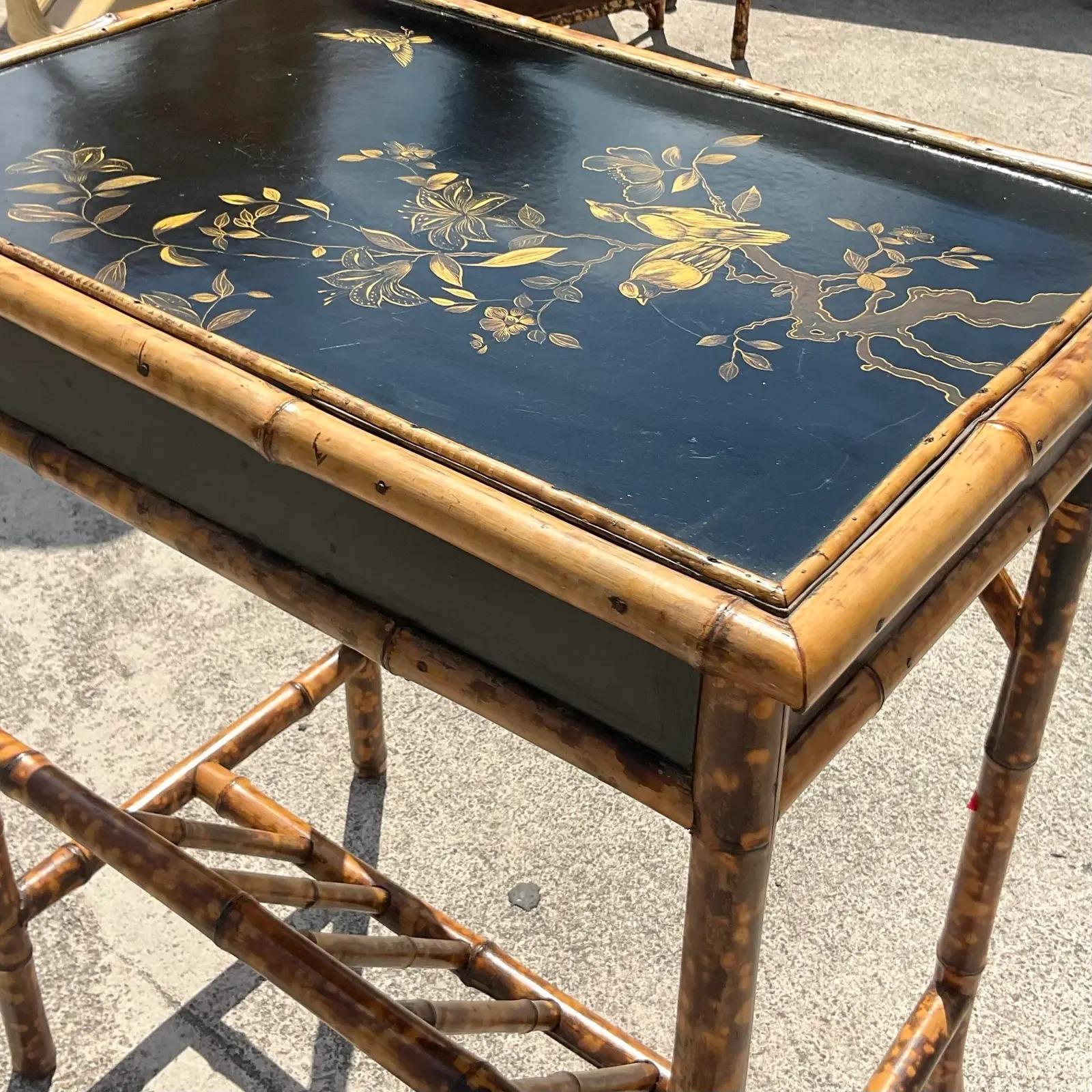 20th Century Vintage Boho Burnt Bamboo Chinoiserie Side Table