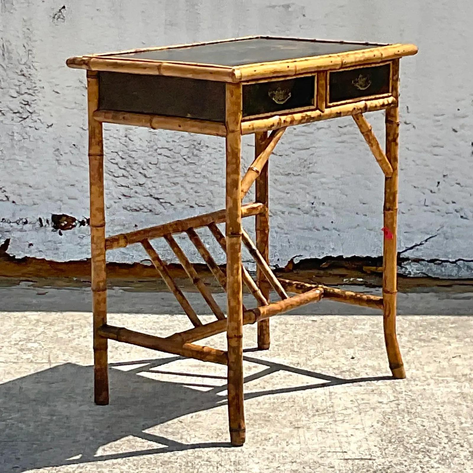 Vintage Boho Burnt Bamboo Chinoiserie Side Table 3