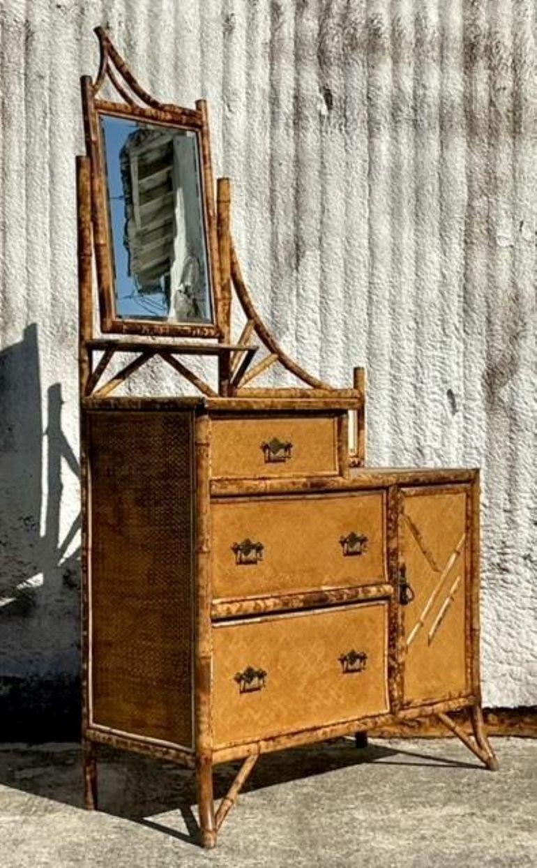20th Century Vintage Boho Burnt Bamboo Dresser