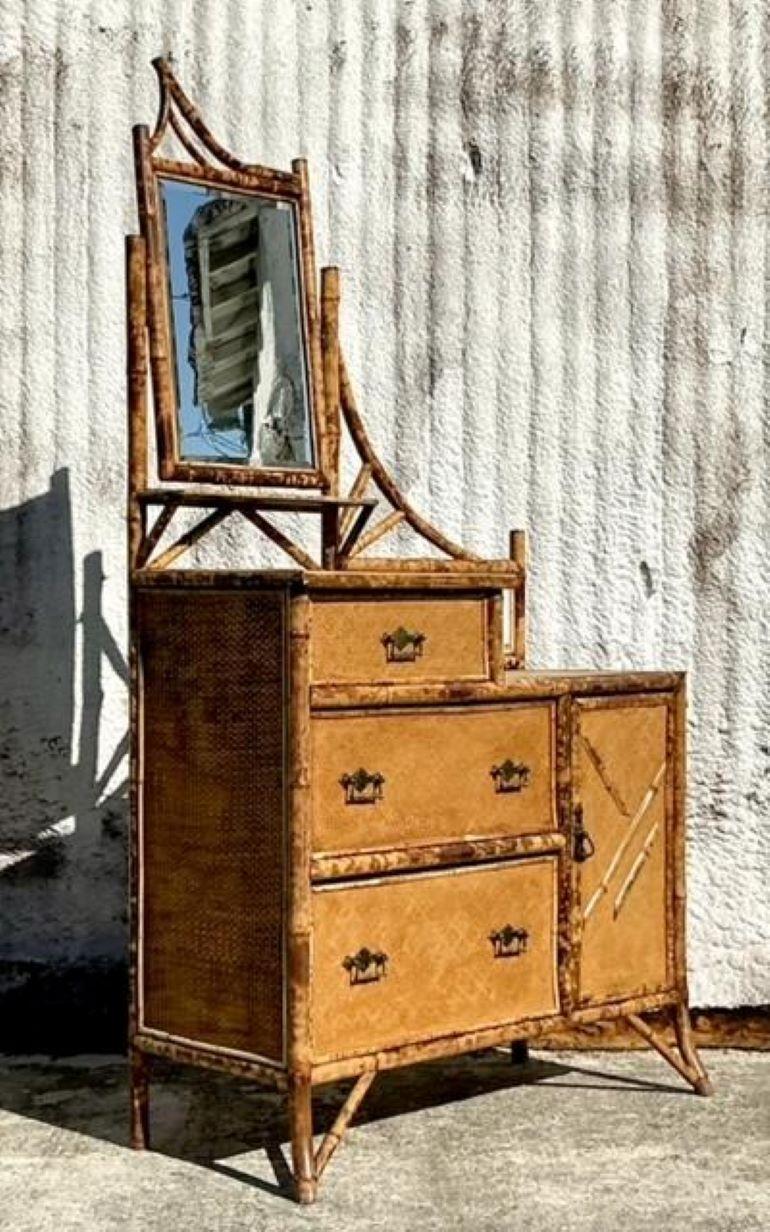 Vintage Boho Burnt Bamboo Dresser 1