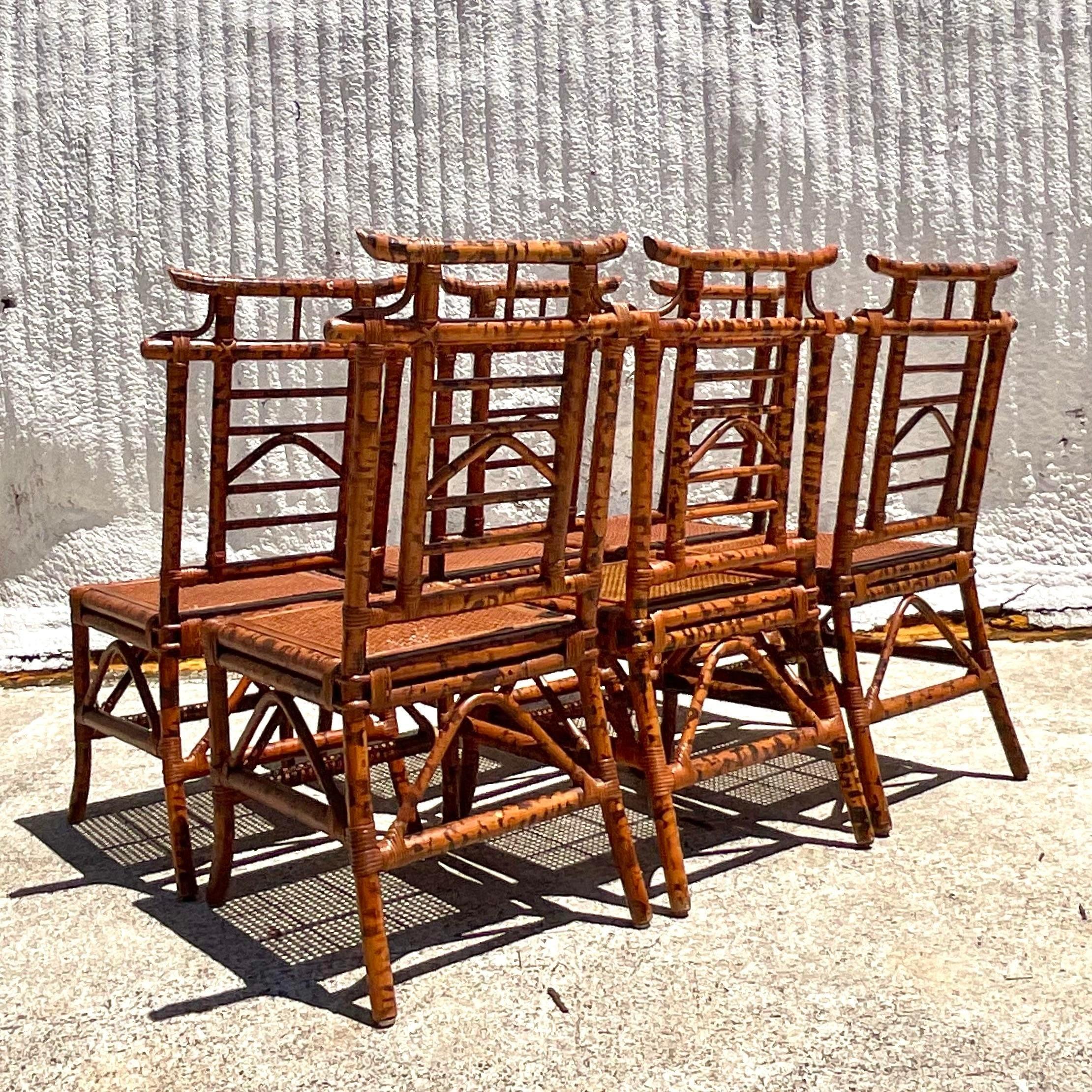 Philippine Vintage Boho Burnt Bamboo Pagoda Dining Chairs- Set of 6
