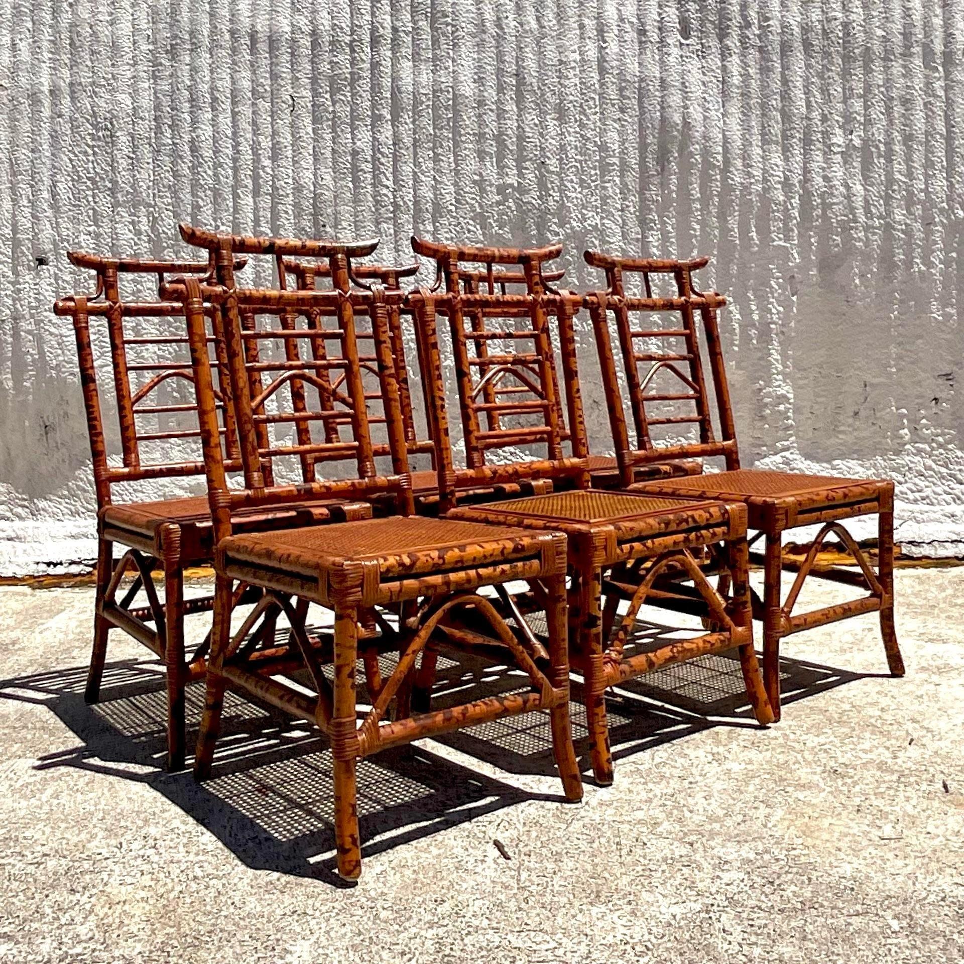 Vintage Boho Burnt Bamboo Pagoda Dining Chairs- Set of 6 In Good Condition For Sale In west palm beach, FL