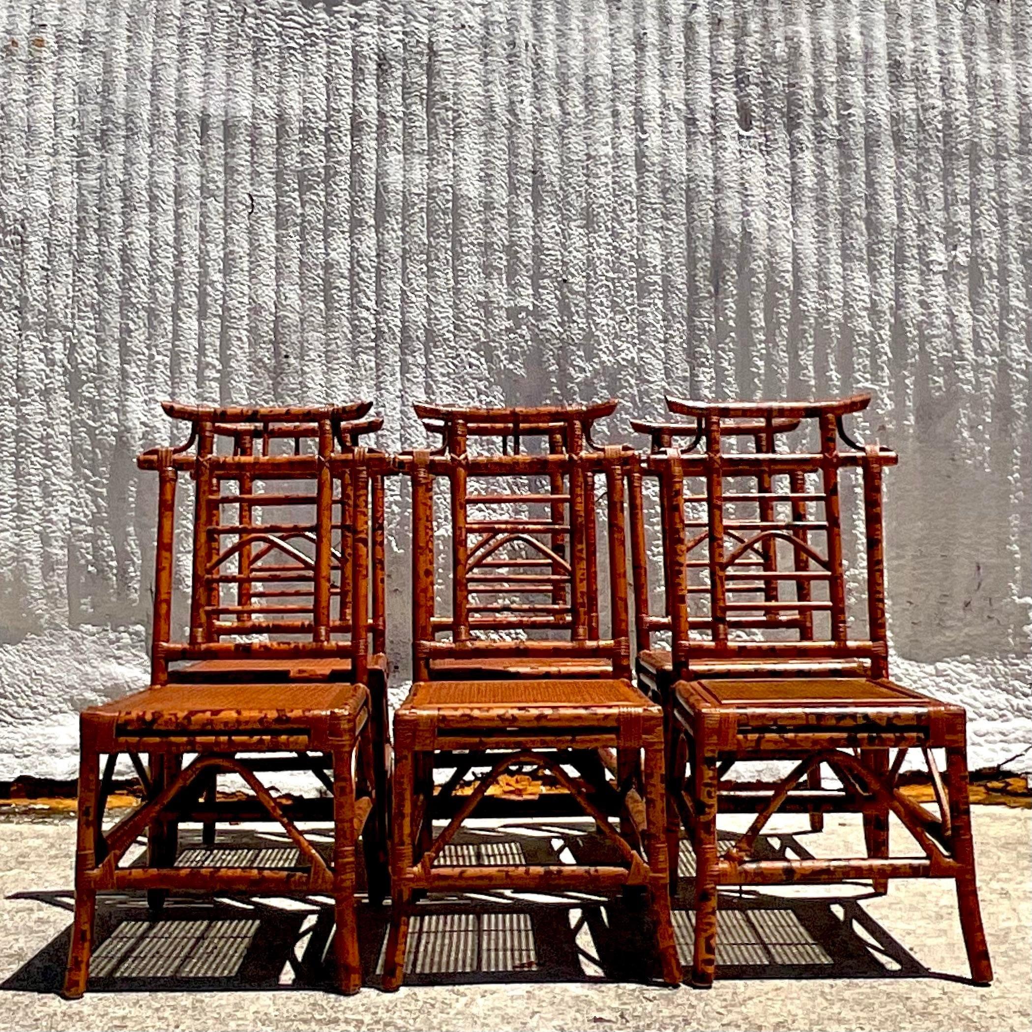20th Century Vintage Boho Burnt Bamboo Pagoda Dining Chairs- Set of 6