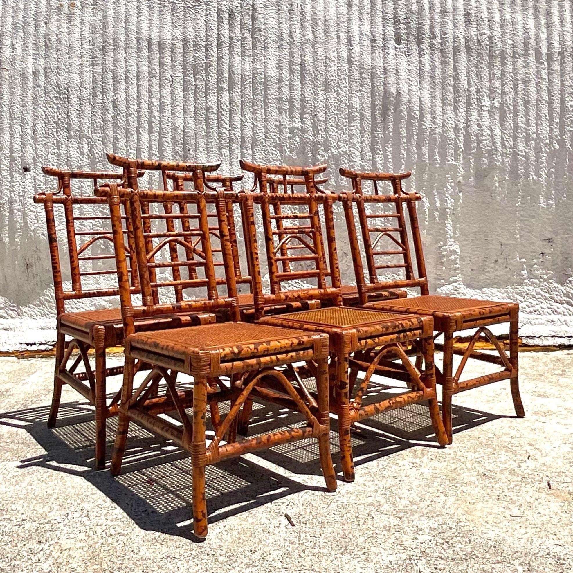 Vintage Boho Burnt Bamboo Pagoda Dining Chairs- Set of 6 1