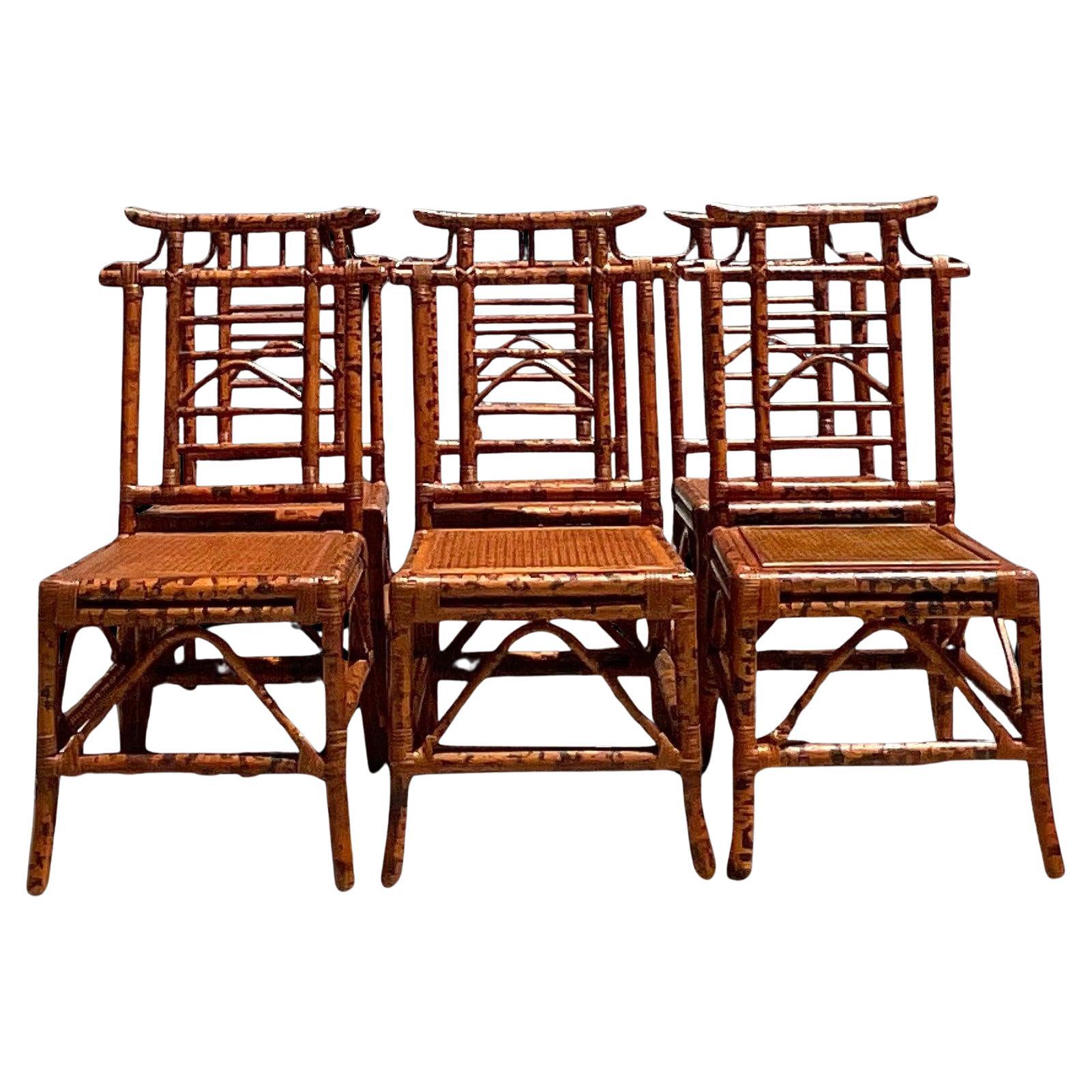 Vintage Boho Burnt Bamboo Pagoda Dining Chairs- Set of 6