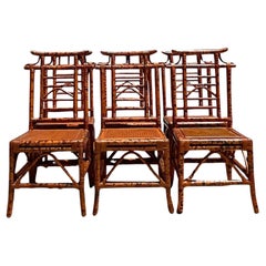 Retro Boho Burnt Bamboo Pagoda Dining Chairs- Set of 6