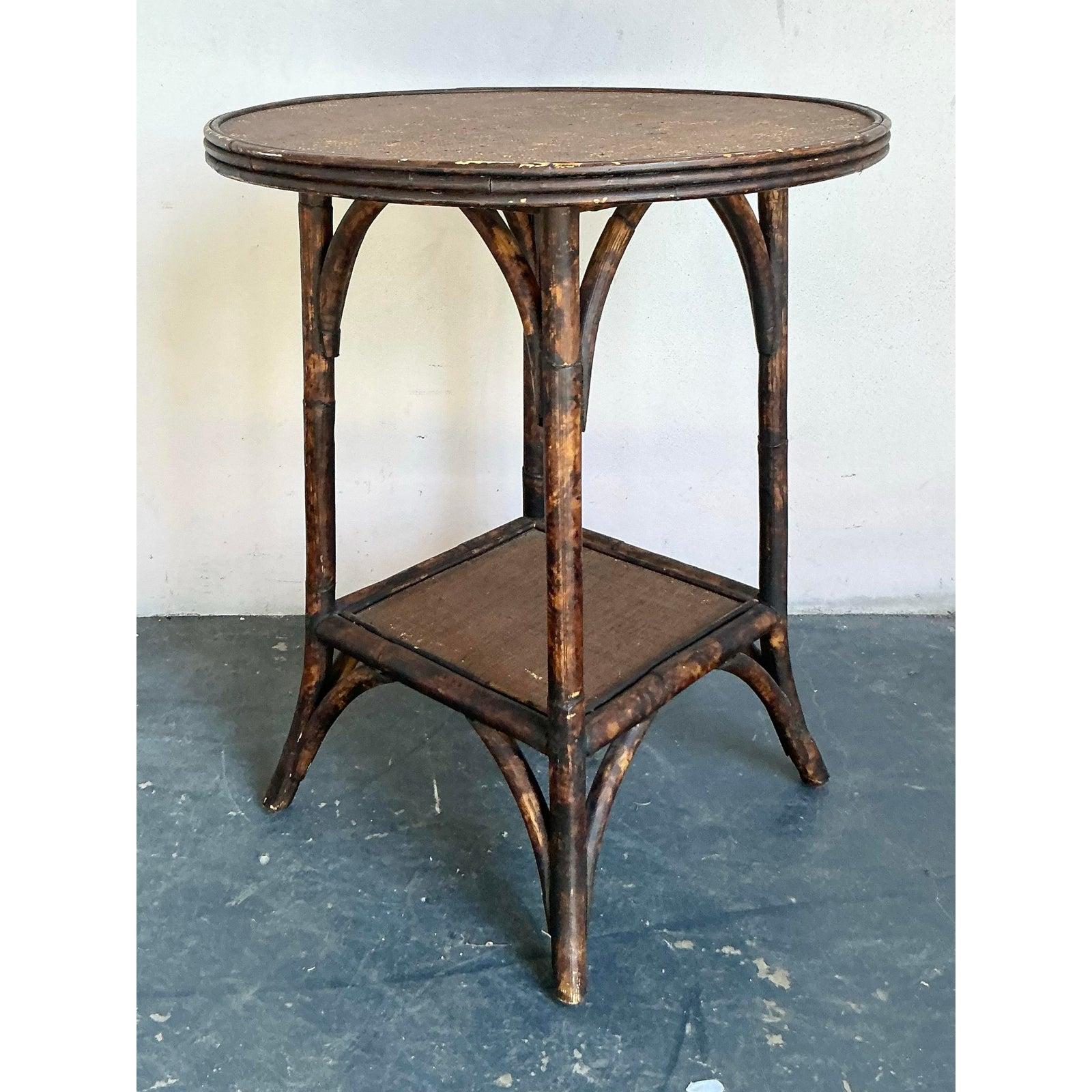 Vintage Boho Burnt Bamboo Side Table For Sale 4