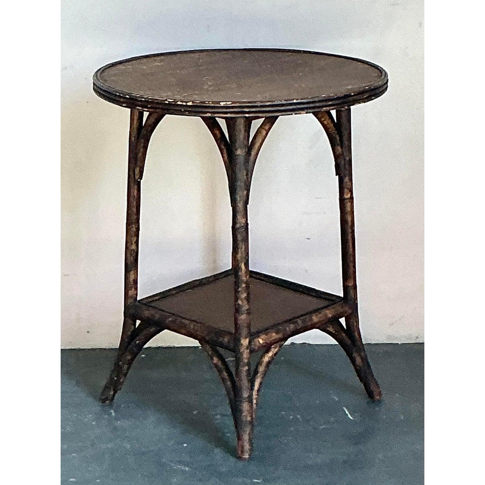 Vintage Boho Burnt Bamboo Side Table For Sale 6