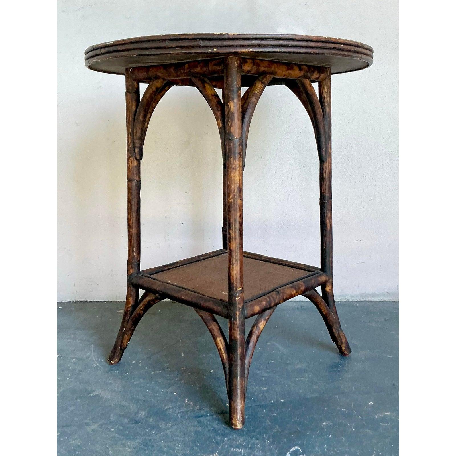 Hollywood Regency Vintage Boho Burnt Bamboo Side Table For Sale