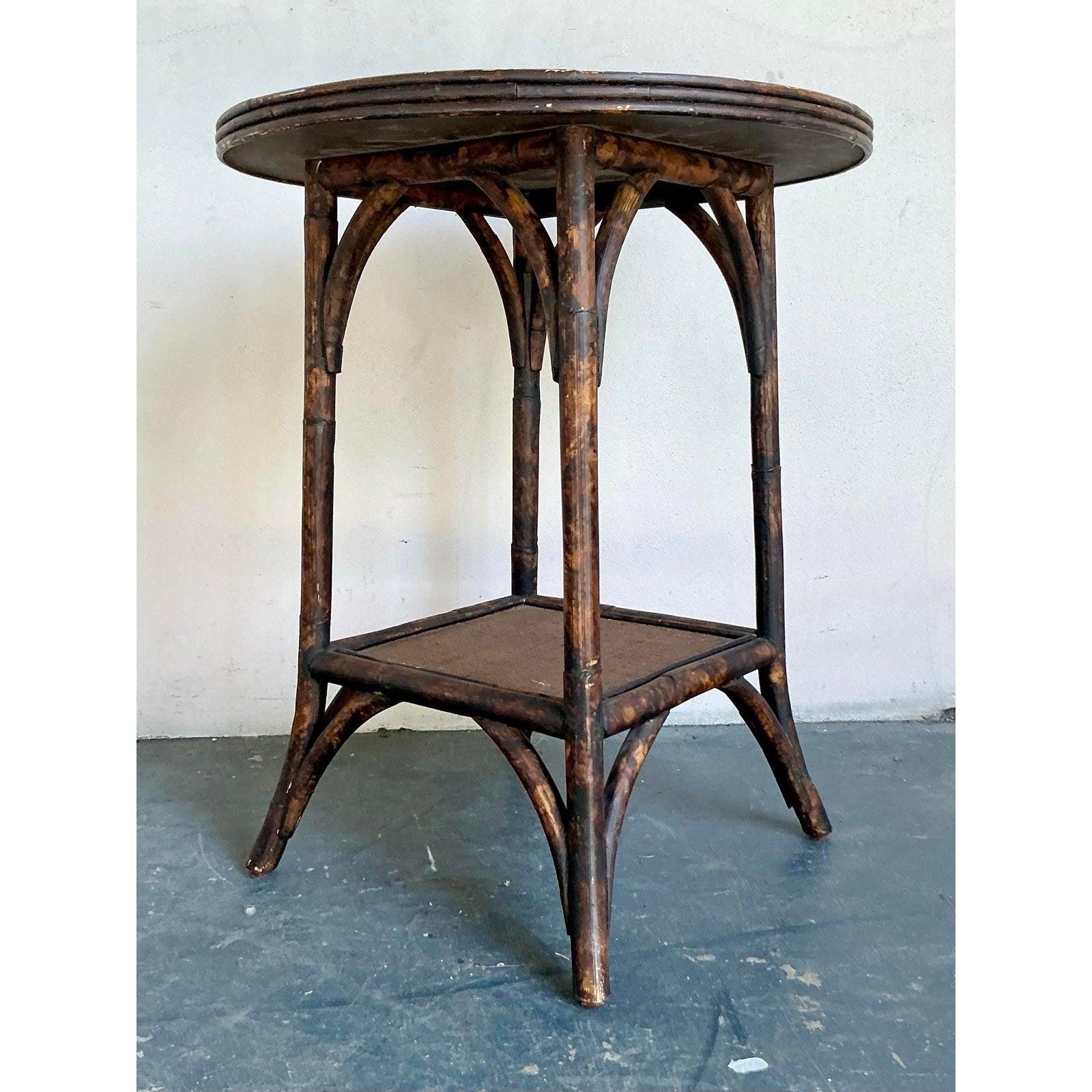 American Vintage Boho Burnt Bamboo Side Table For Sale
