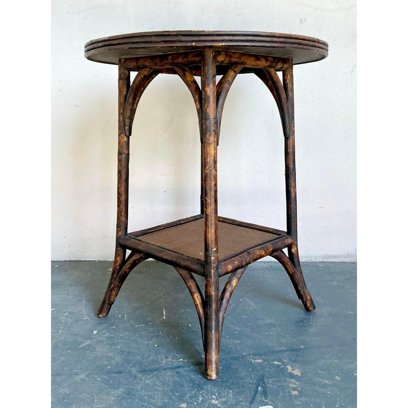 20th Century Vintage Boho Burnt Bamboo Side Table For Sale