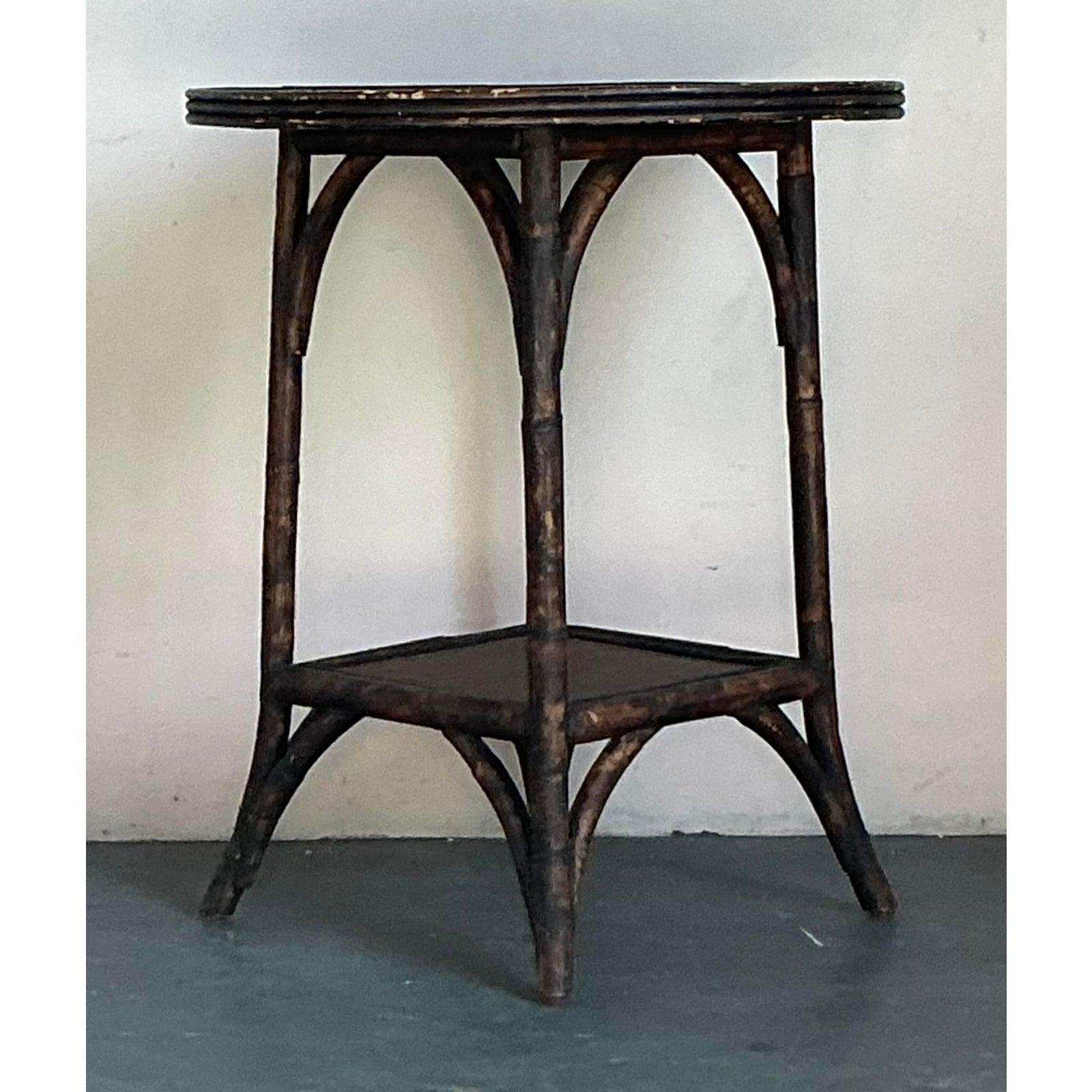 Vintage Boho Burnt Bamboo Side Table For Sale 2