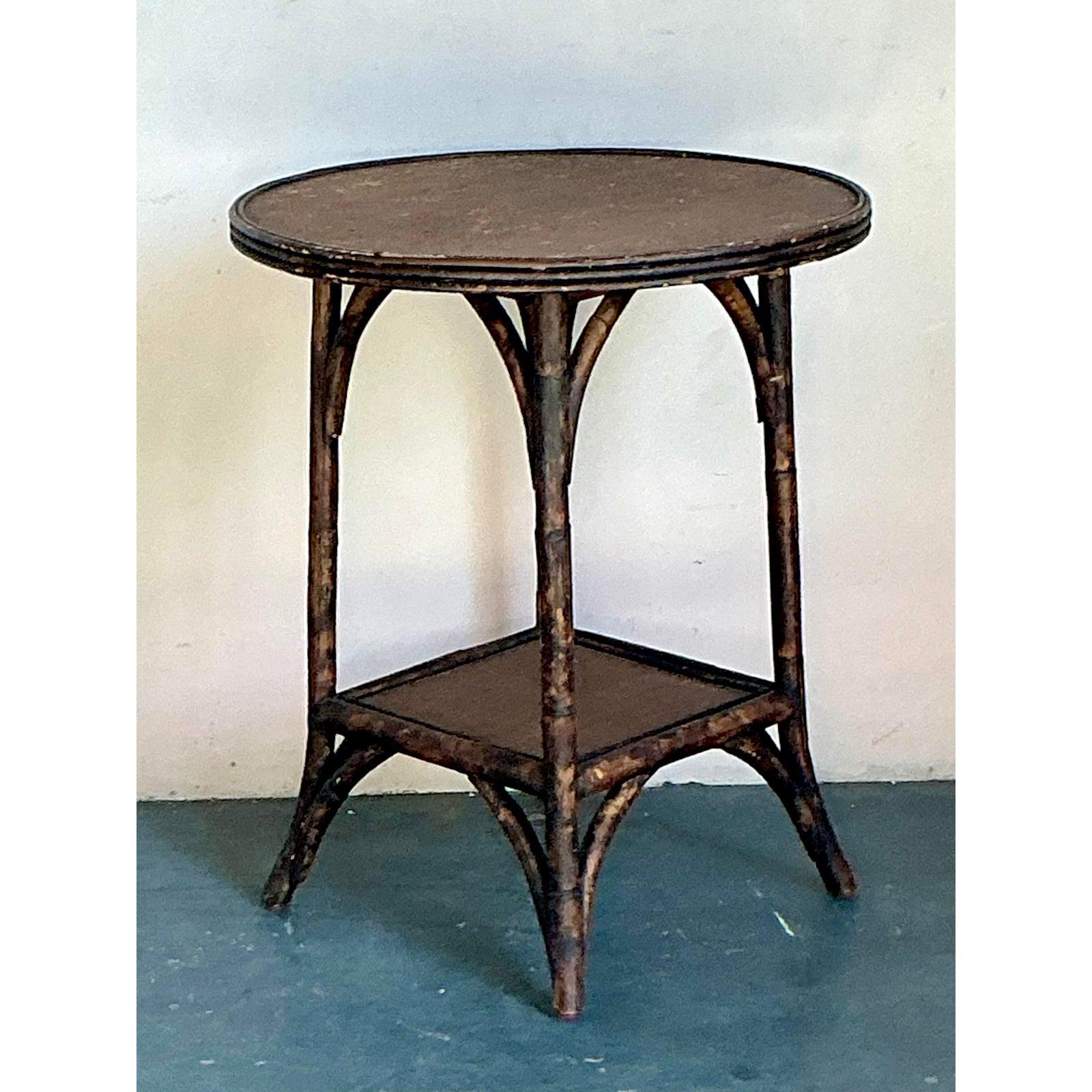 Vintage Boho Burnt Bamboo Side Table For Sale 3