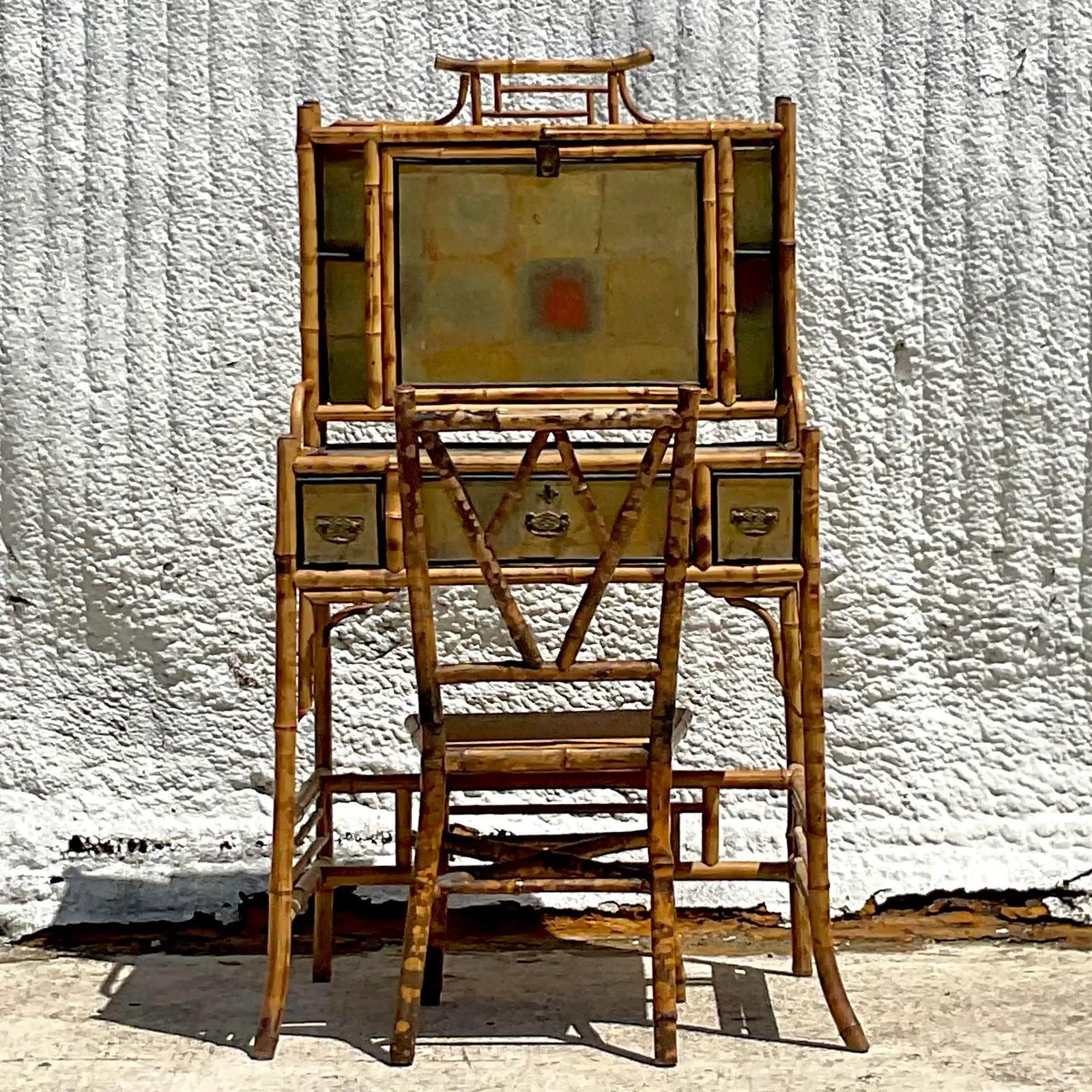 Chinoiserie Vintage Boho Burnt Bamboo Writing Desk and Chair