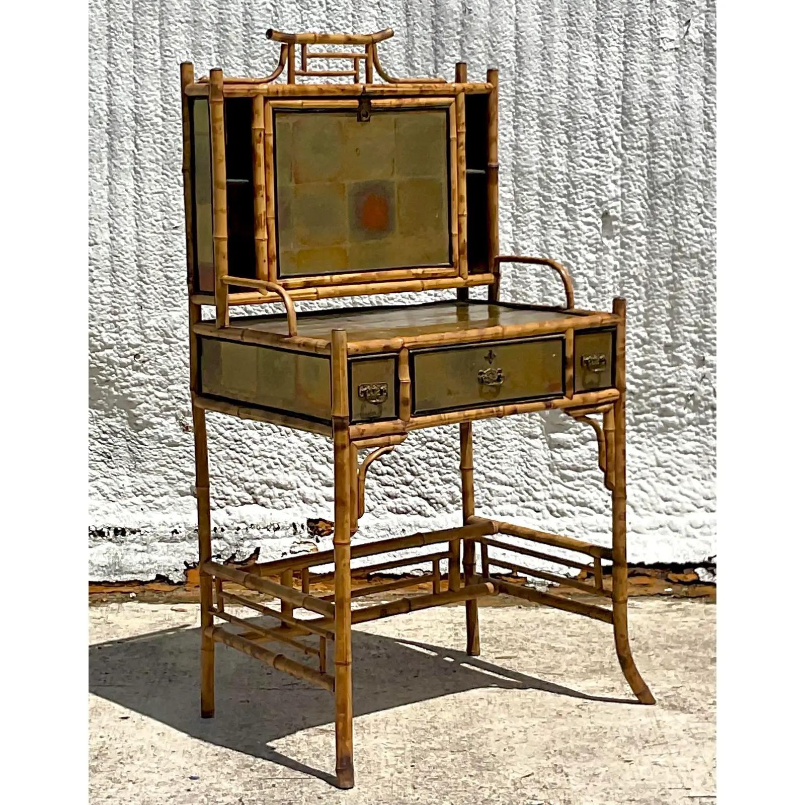 Philippine Vintage Boho Burnt Bamboo Writing Desk and Chair
