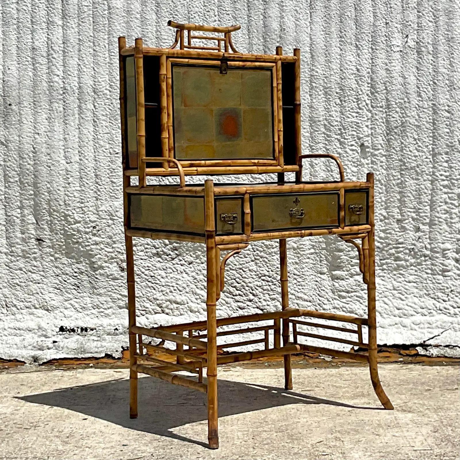 Vintage Boho Burnt Bamboo Writing Desk and Chair 1