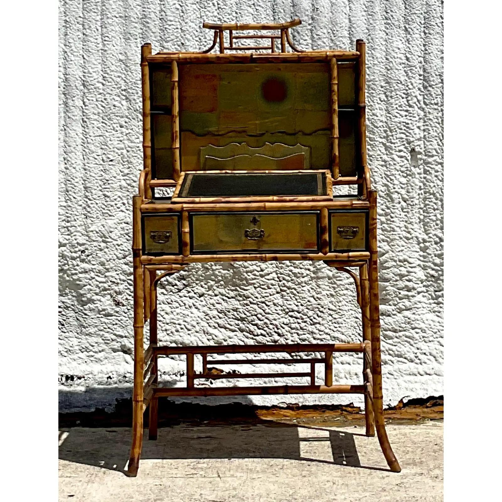 Vintage Boho Burnt Bamboo Writing Desk and Chair 3